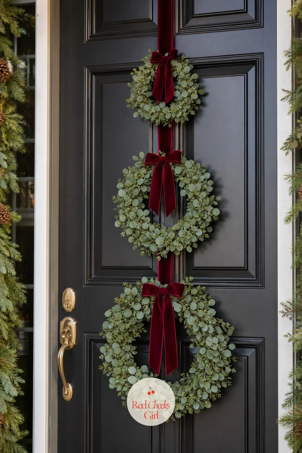 Three Mini Eucalyptus Wreaths Stacked Down a Tall Door — A single wreath gets lost on a tall door. Christmas door decorations