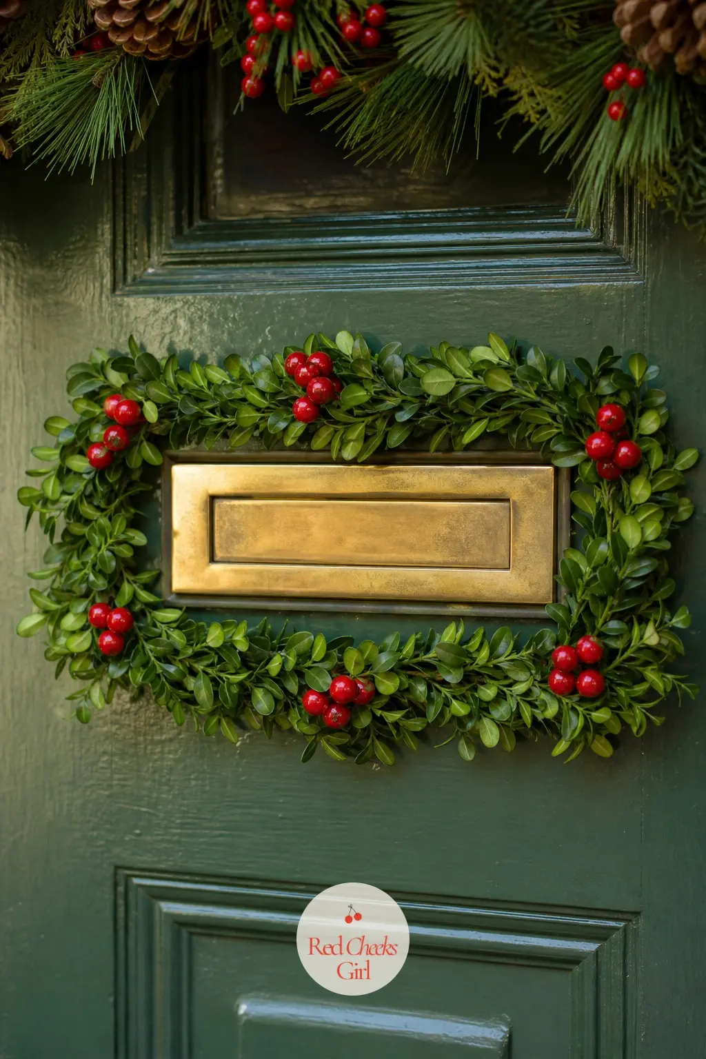 A Tiny Boxwood Collar Framing the Mail Slot — Most mail slots sit bare all season. Christmas door decorations
