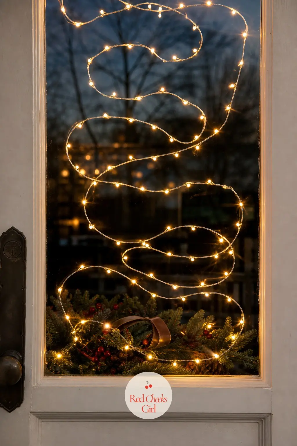 Warm Mini Lights Looped Softly Across a Glass Pane — Rather than frame the door in lights, drape warm white mini lights in loose loops directly across the