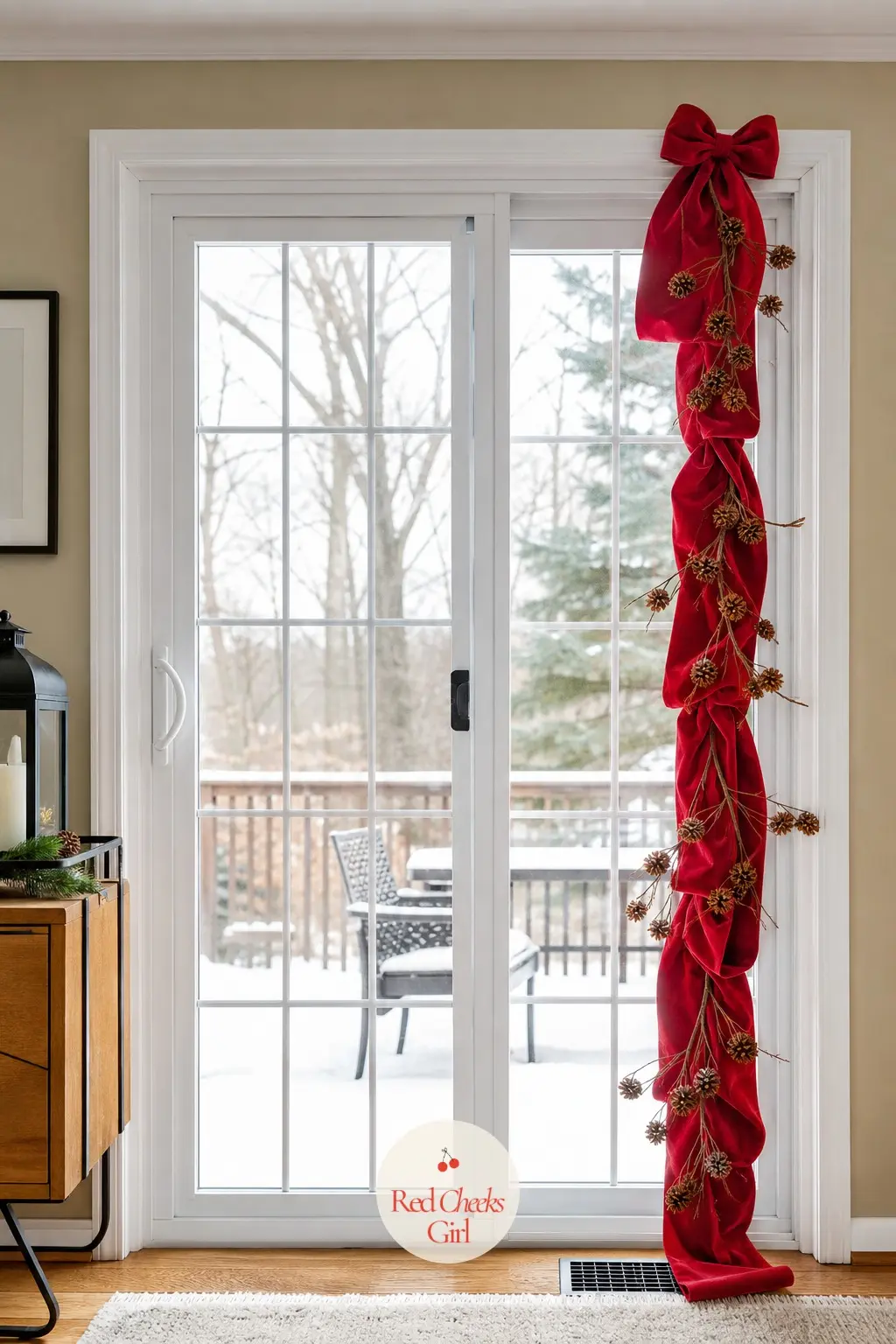 A Wide Velvet Ribbon Cascading a Sliding Glass Door — A sliding glass patio door, often ignored completely, takes a single wide red velvet ribbon run floor to