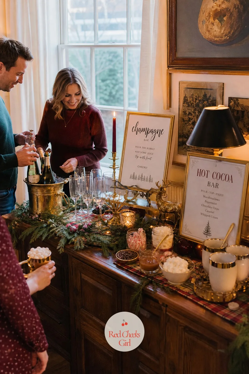 Champagne and Hot Cocoa Bar — Guests arrive cold from outside and want something warm in hand within minutes, then something to toast with once the room fills