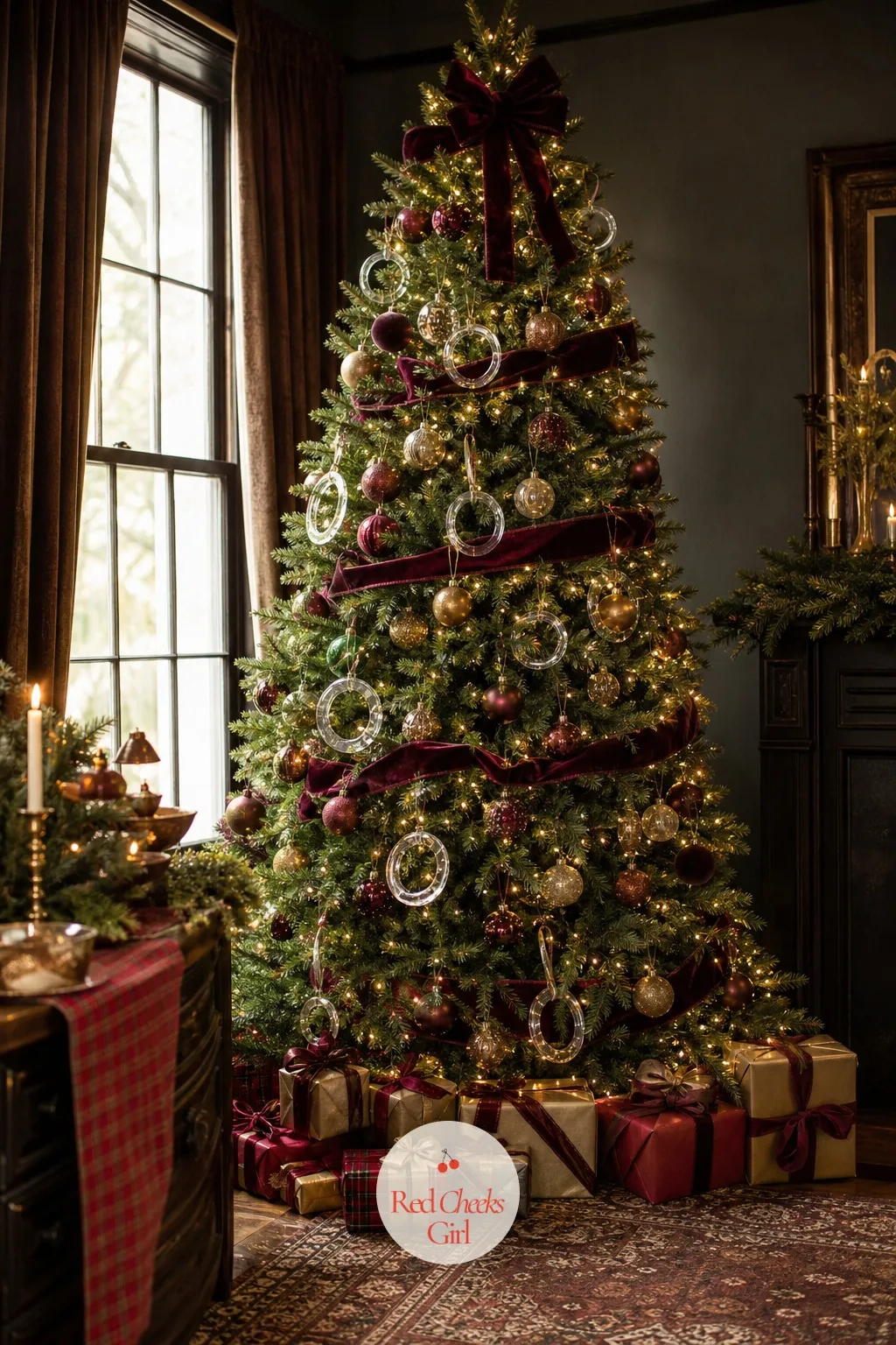 Christmas Tree with Ring-Shaped Ornaments — A plain decorated tree says Christmas party. Christmas engagement party