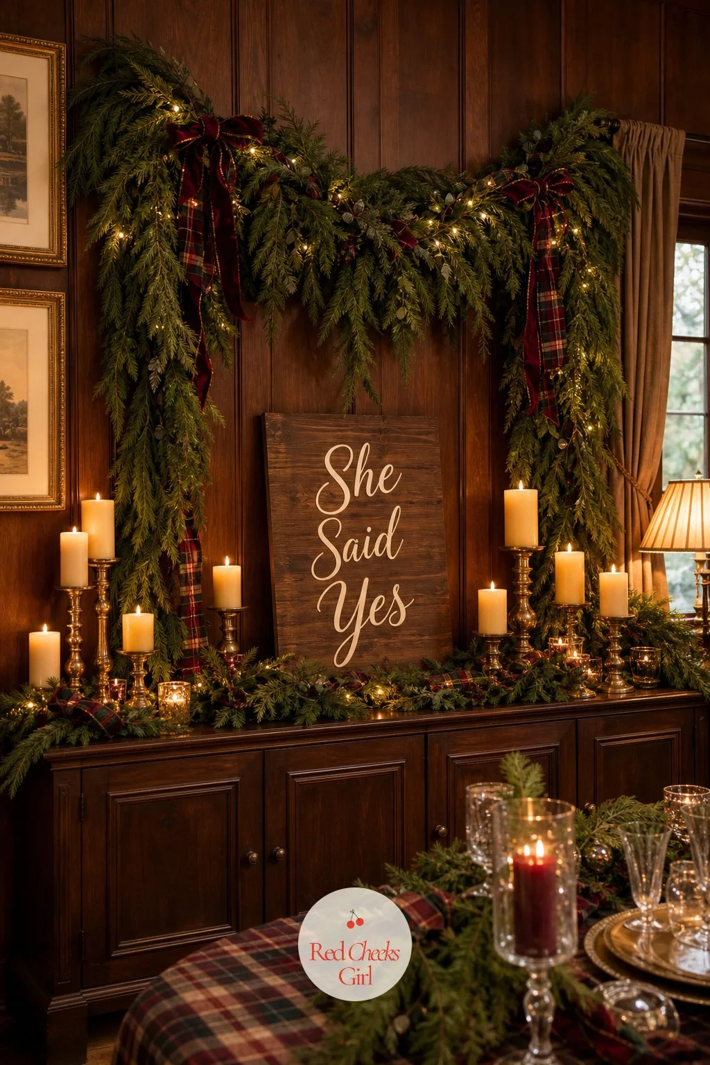 Evergreen and Candle Backdrop with a 'She Said Yes' Sign — Every good engagement party has one wall where people naturally stop and point a phone at the ring.
