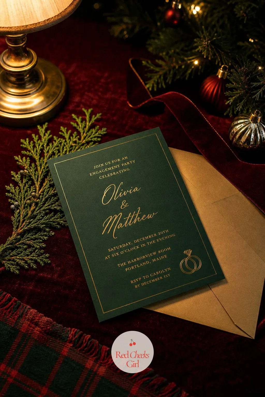 The Invitation — Everything above starts here, in the piece guests see weeks before they ever walk through the door. Christmas engagement party