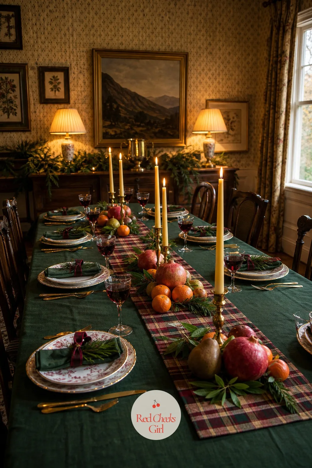Long Table with Plaid Runners and Winter Fruits — This is the table everyone photographs before the food even arrives. Christmas engagement party