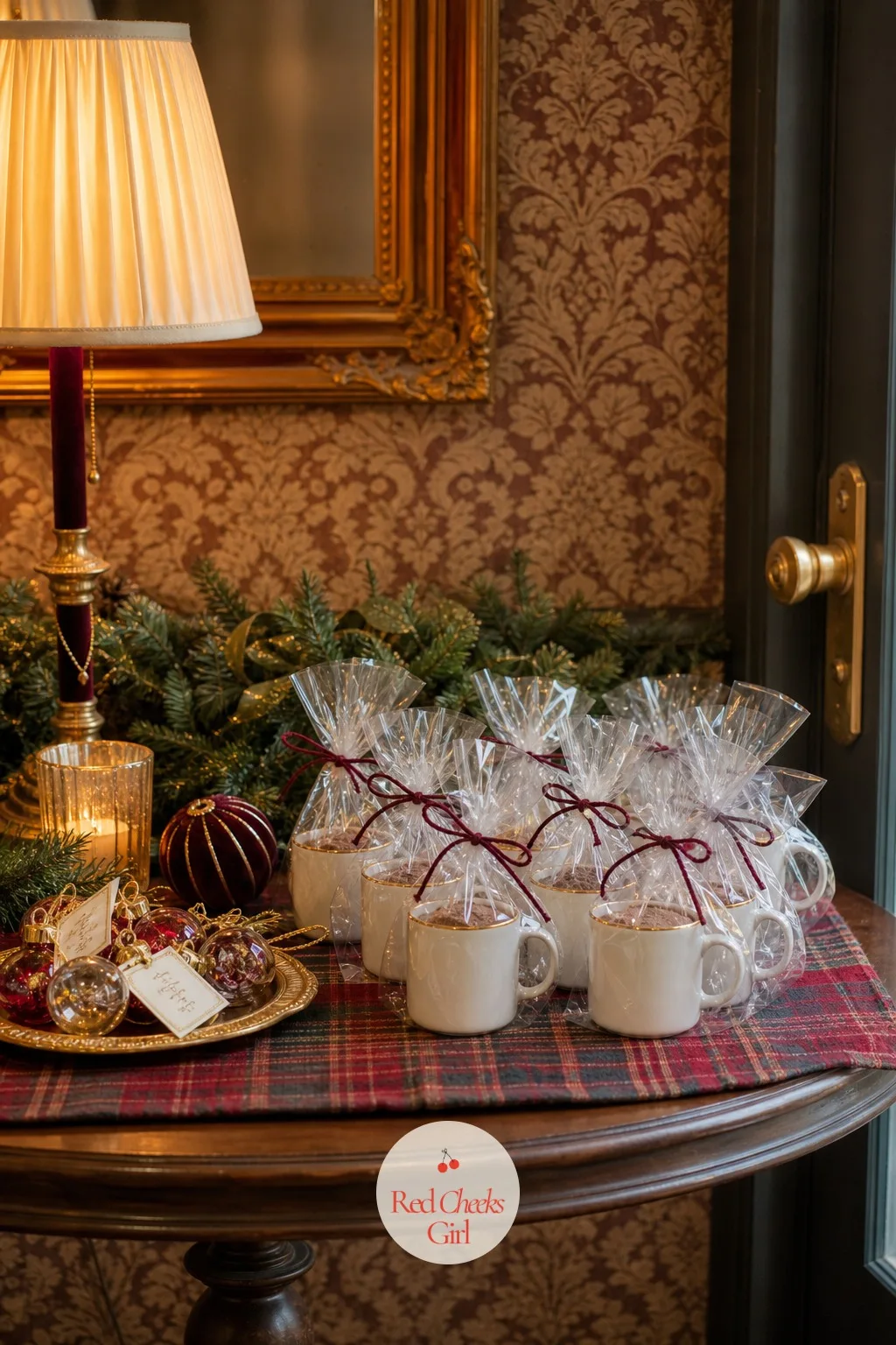 A Mini Mug Favor Filled with Cocoa Mix — Not every guest wants to carry glass home on a cold night, so a second, edible favor sitting beside the ornaments