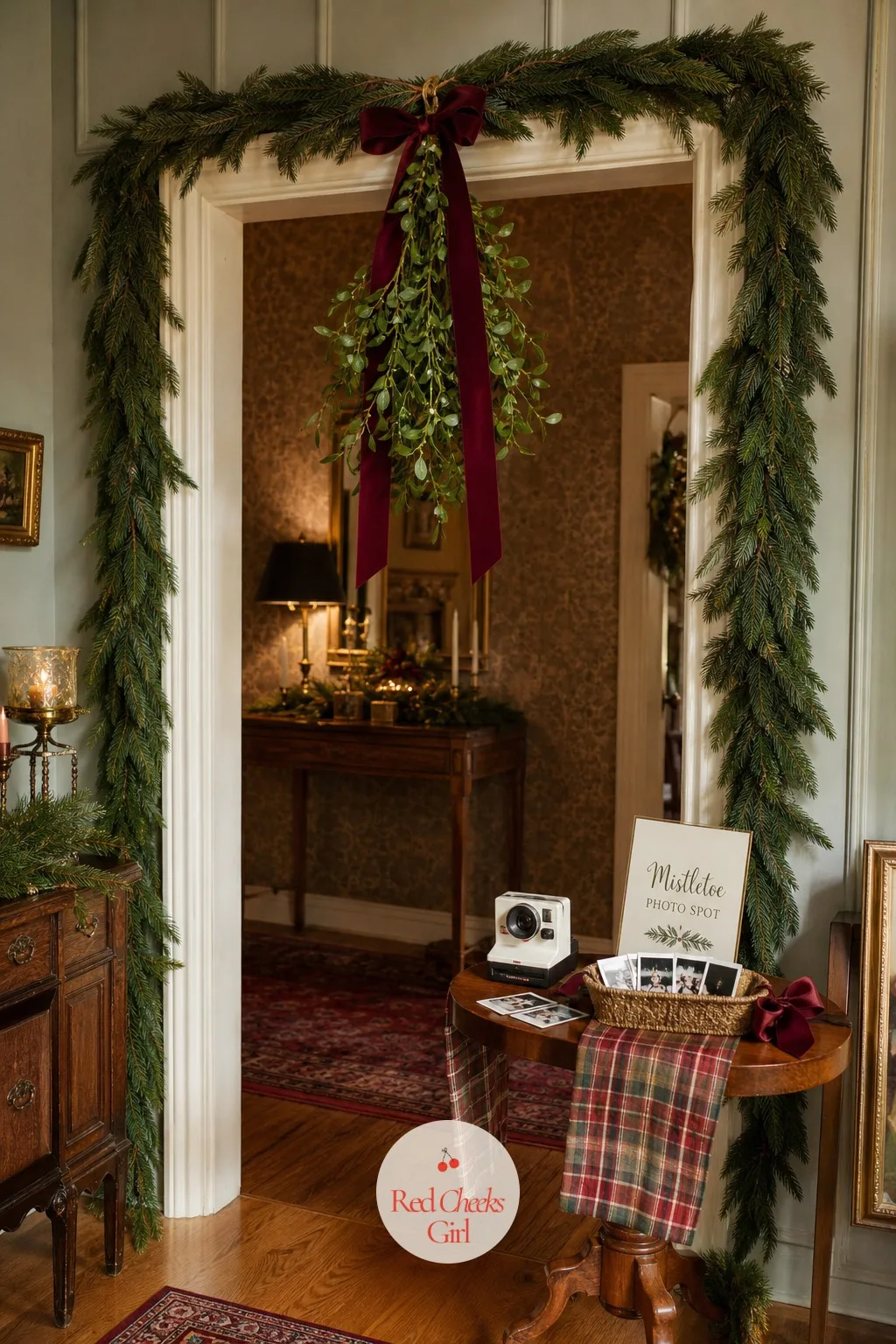 Mistletoe Photo Spot — Every holiday party needs one spot where couples pause for a kiss and a photo, and this one belongs to the engaged pair first before