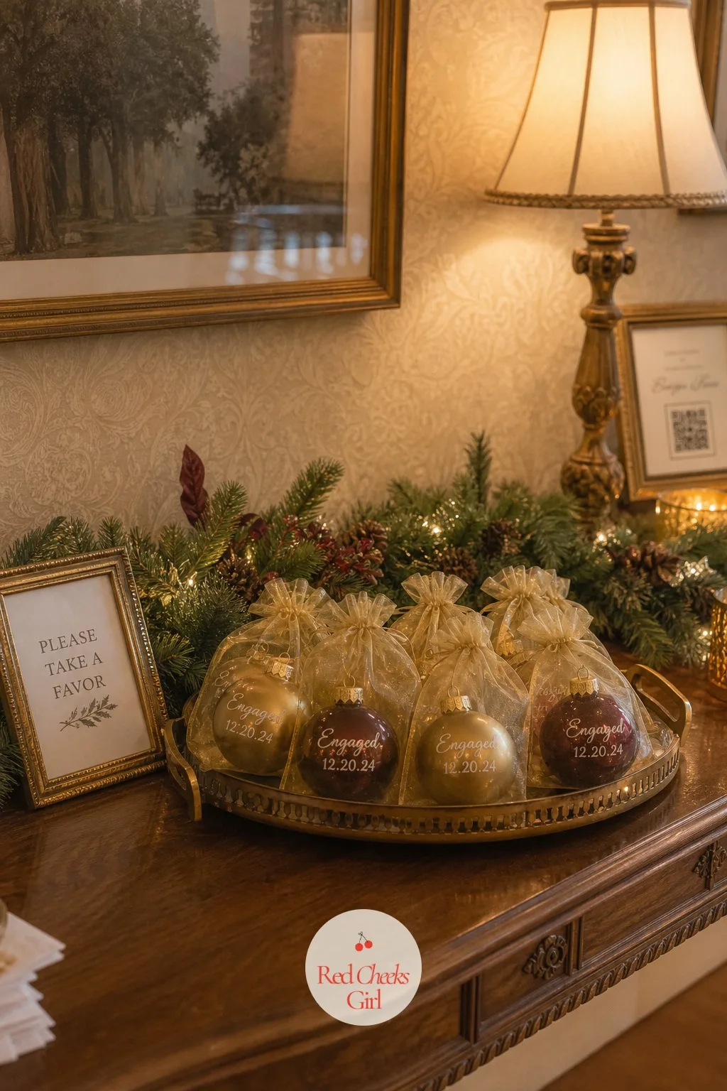Ornament Favors Stamped with the Engagement Date — The favor she sends everyone home with should feel like something to hang up next December, not a sweet