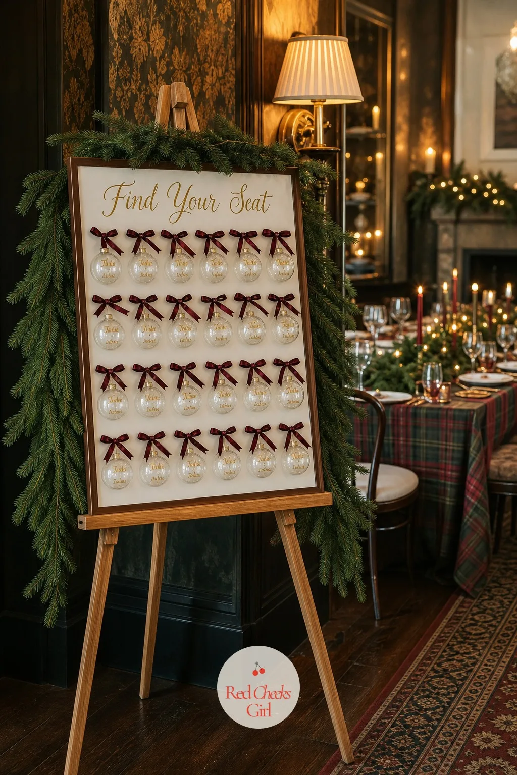 An Ornament Seating Chart on an Easel — Before guests even reach the table, they need to know where to sit, and a chalkboard taped to a wall never matches the