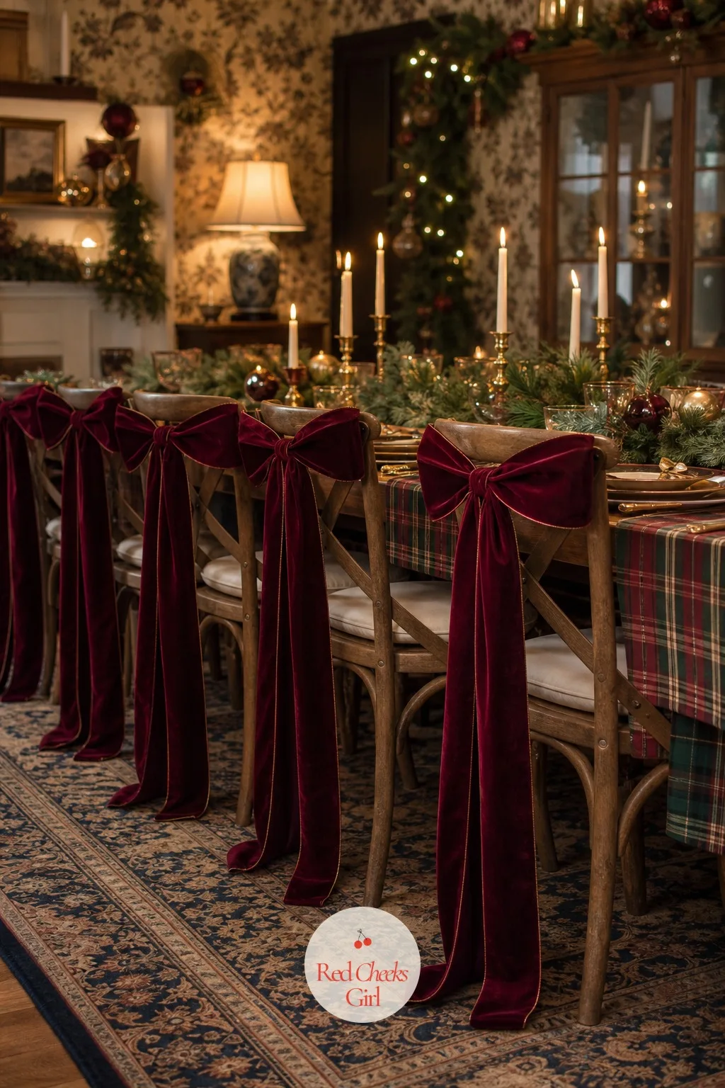 Velvet Ribbons Tied to the Back of Every Chair — Plain chairs pull focus from a table that took real effort to style. Christmas engagement party