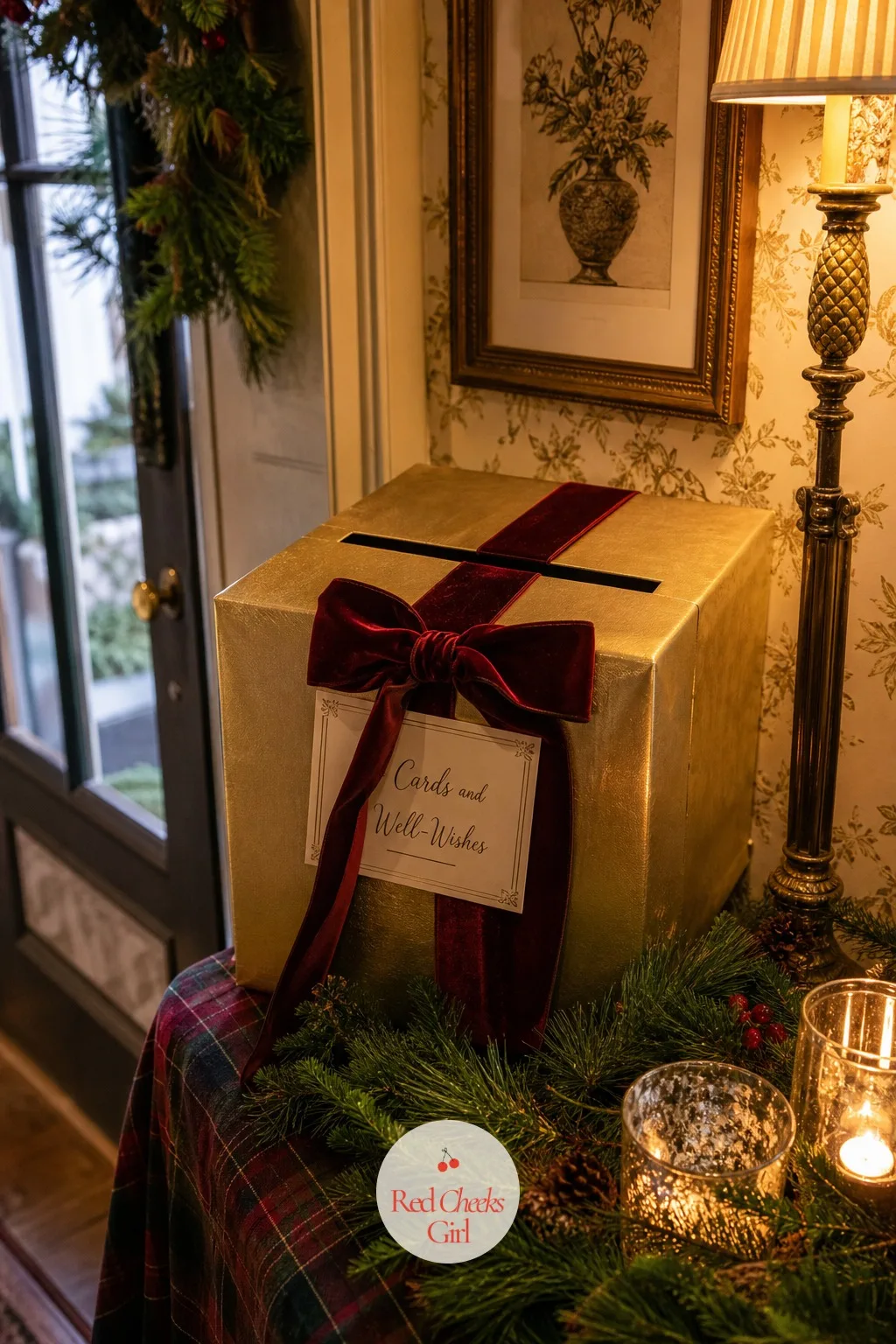 A Wrapped Gift Box for Cards and Well-Wishes — Cards tend to pile up loose on a side table and get lost by the end of the night. Christmas engagement party