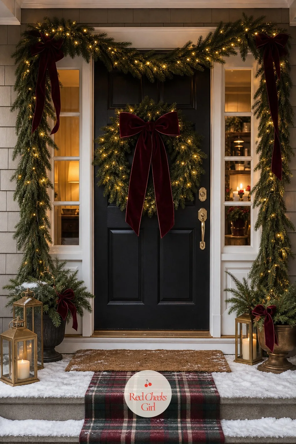 A Wreath and Garland at the Front Door — Hang one full faux wreath, twenty four inches across, dressed with a wide merlot velvet bow and a few sprigs of