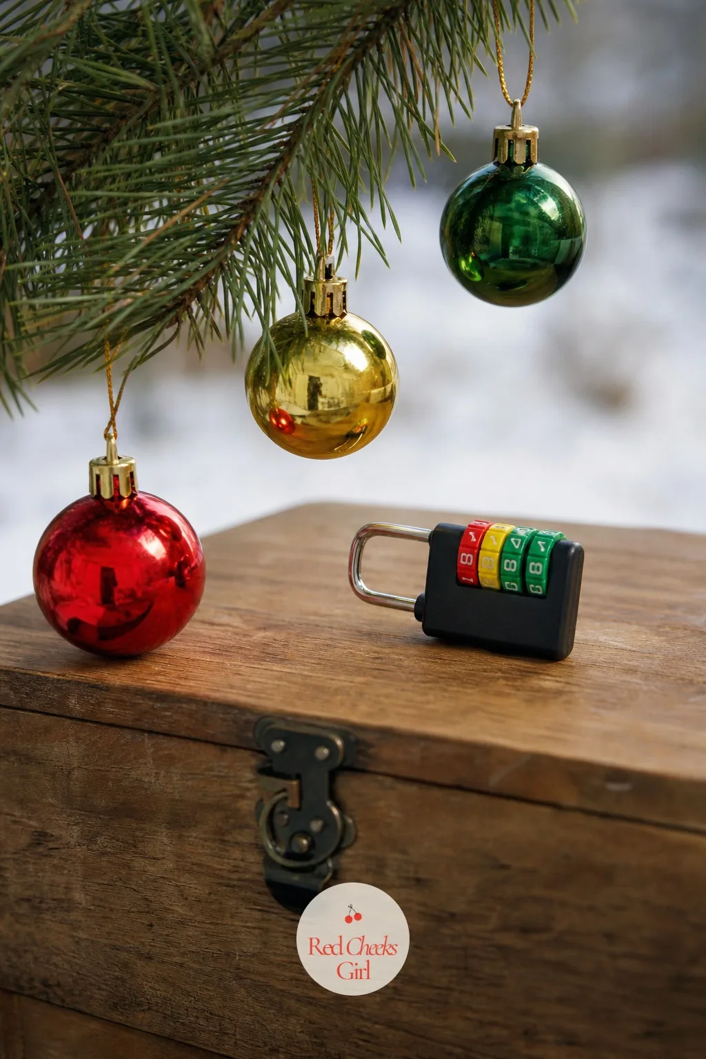 Ornament Color-Code Padlock — A string of ornaments hanging off the tree looks purely decorative until she notices the colour order spells out a lock