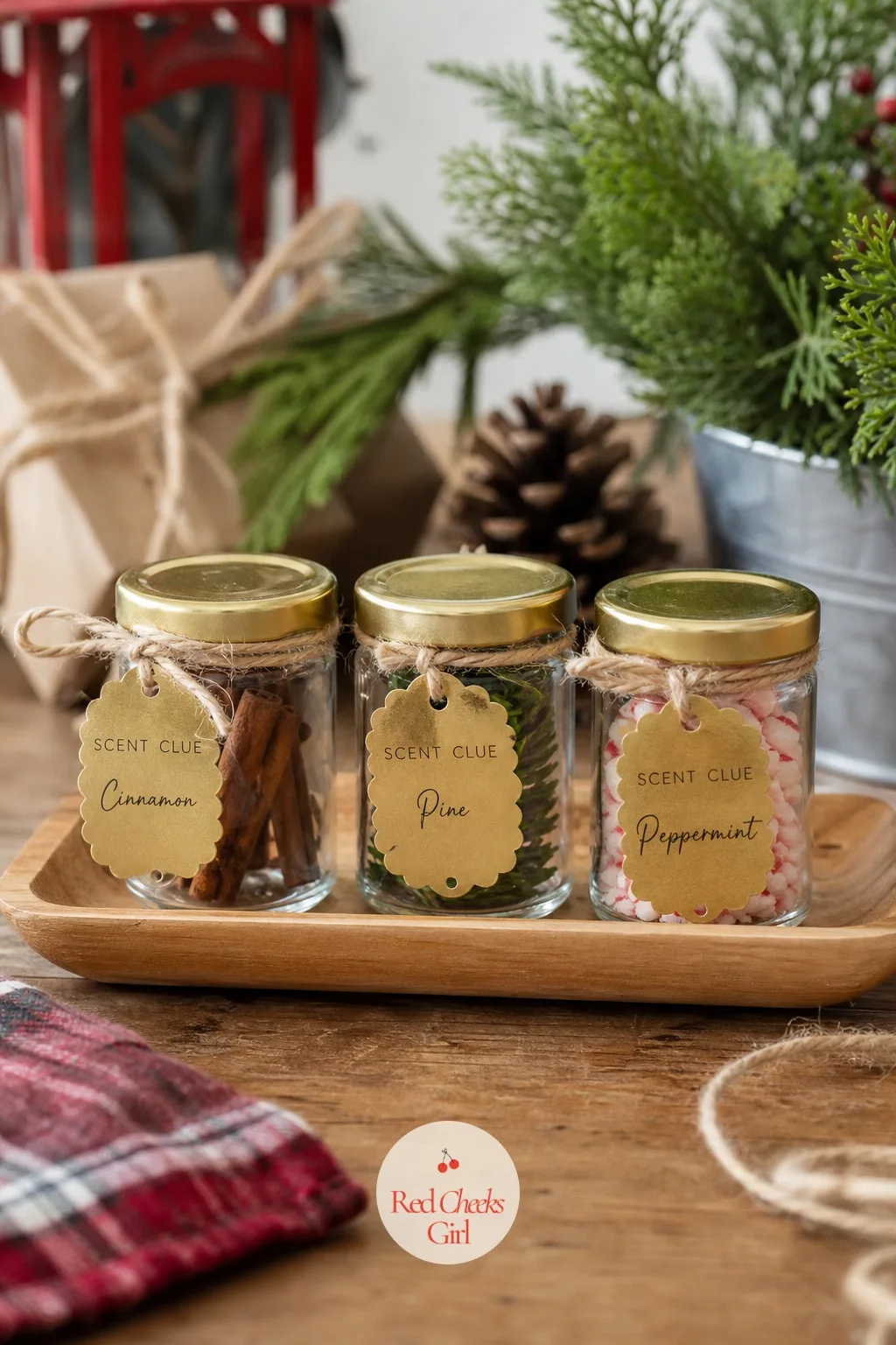 Scent Clue Jars With Cinnamon, Pine and Peppermint — Three small jars, each holding one Christmas smell, cinnamon stick, pine sprig, crushed peppermint, sit