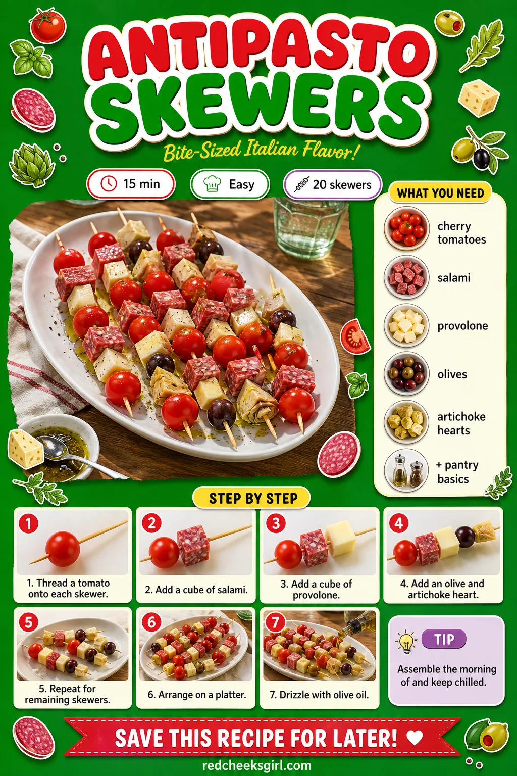 Antipasto Skewers Recipe Card printable sheet — Printable recipe card for Antipasto Skewers with photo, timing, ingredients and steps. Christmas eve appetizers