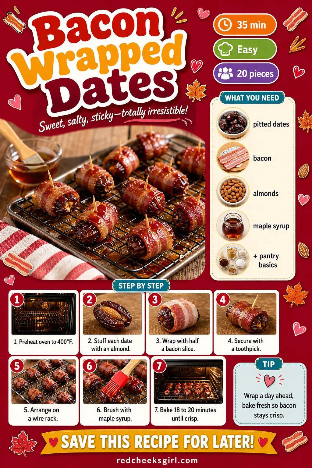Bacon Wrapped Dates Recipe Card printable sheet — Printable recipe card for Bacon Wrapped Dates with photo, timing, ingredients and steps. Christmas eve