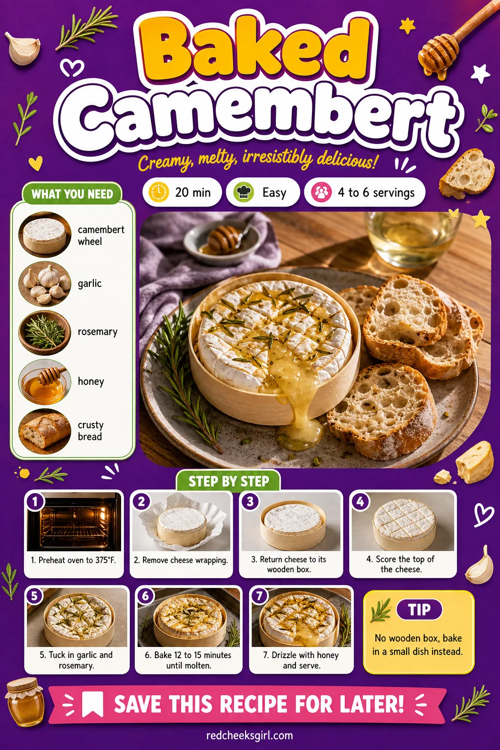 Baked Camembert Recipe Card printable sheet — Printable recipe card for Baked Camembert with photo, timing, ingredients and steps. Christmas eve appetizers