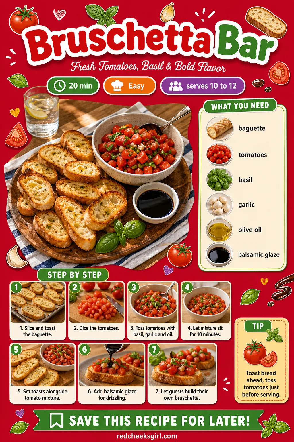 Bruschetta Bar Recipe Card printable sheet — Printable recipe card for the Bruschetta Bar with photo, timing, ingredients and steps. Christmas eve appetizers