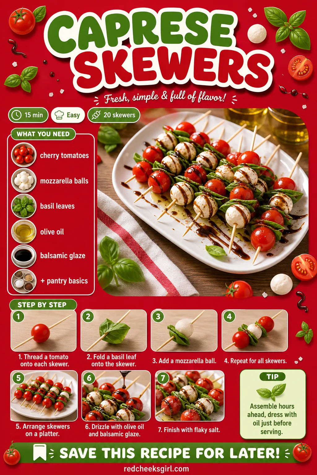 Caprese Skewers Recipe Card printable sheet — Printable recipe card for Caprese Skewers with photo, timing, ingredients and steps. Christmas eve appetizers