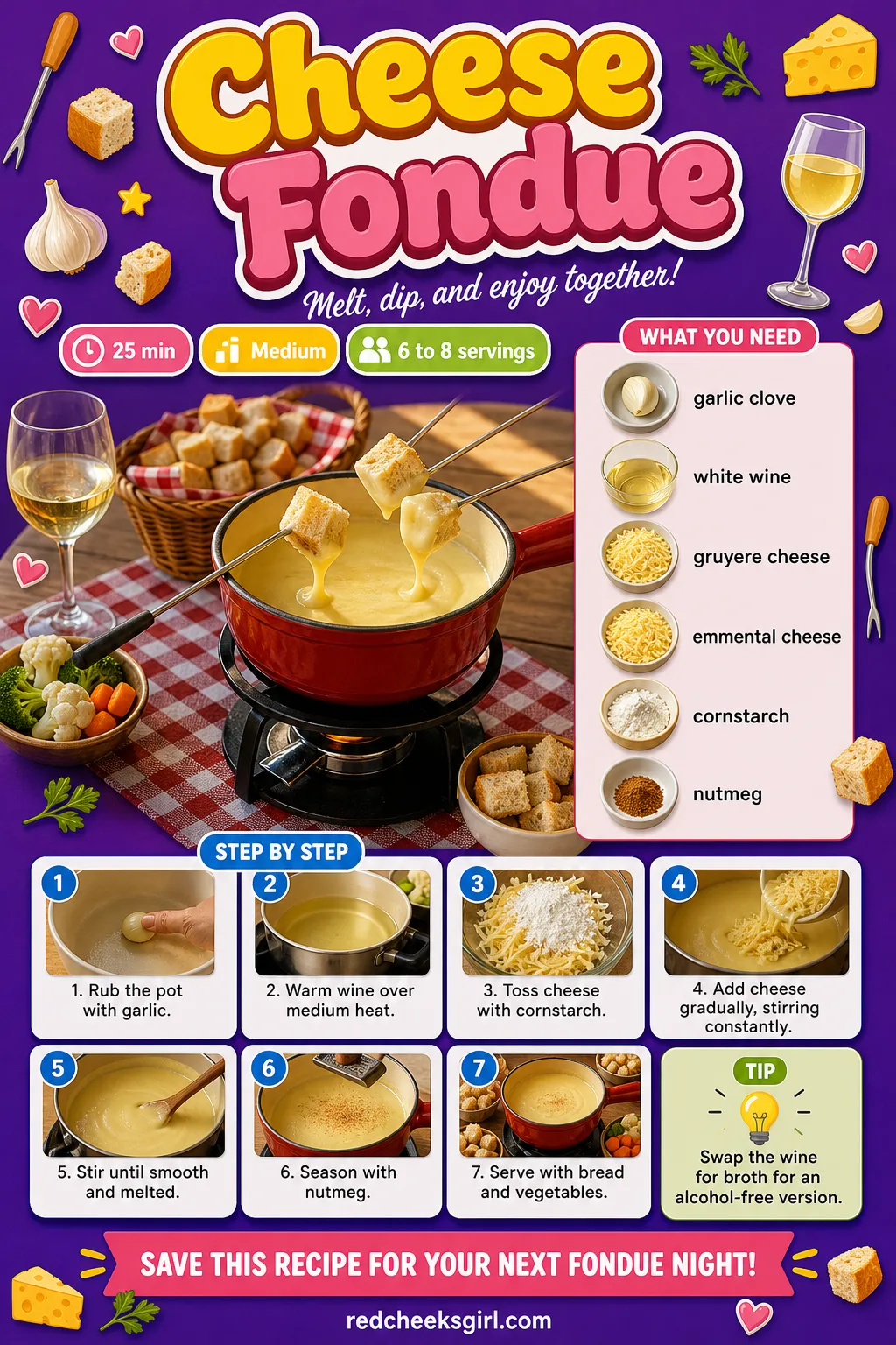 Cheese Fondue Recipe Card printable sheet — Printable recipe card for Cheese Fondue with photo, timing, ingredients and steps. Christmas eve appetizers