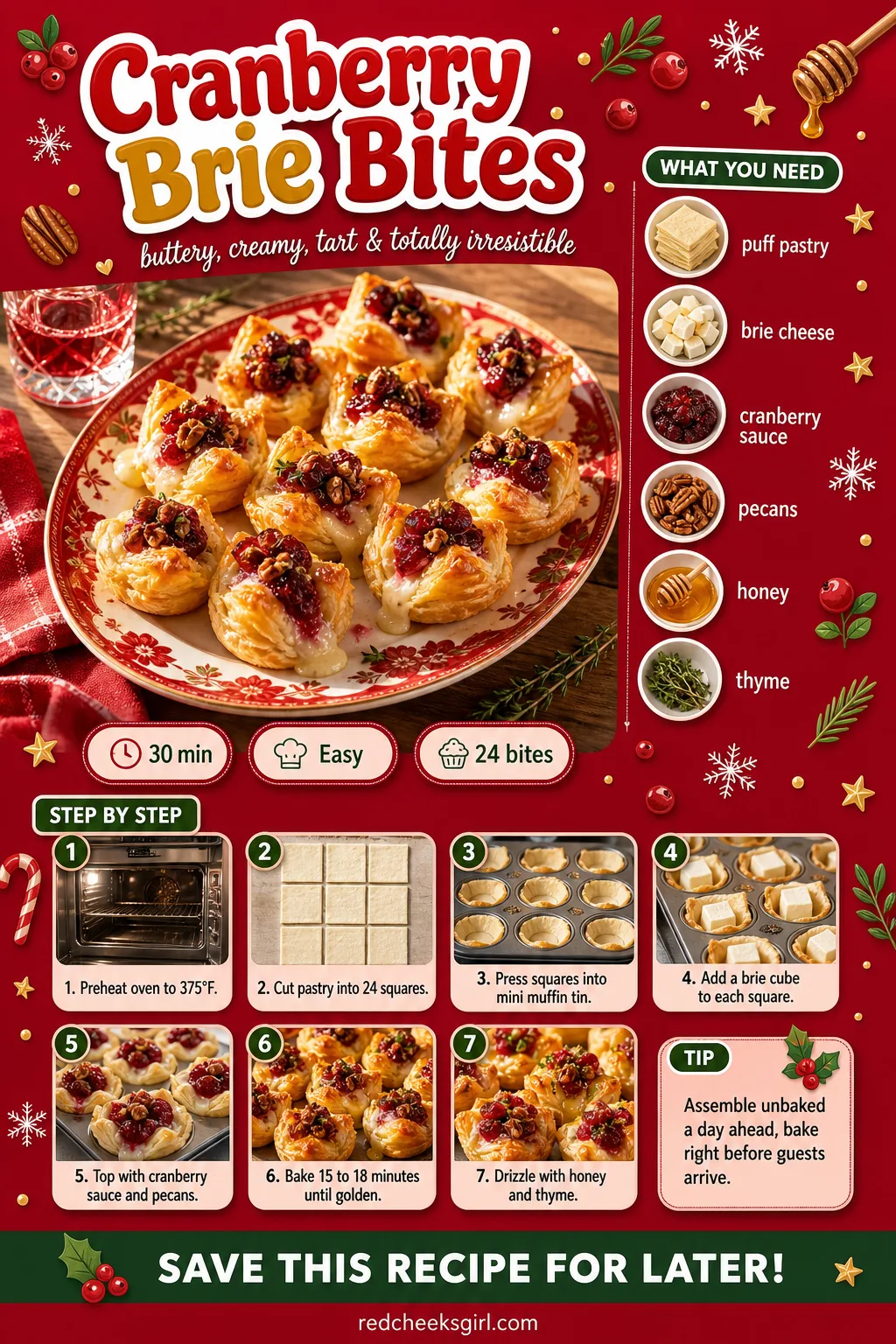 Cranberry Brie Bites Recipe Card printable sheet — Printable recipe card for Cranberry Brie Bites with photo, timing, ingredients and steps. Christmas eve
