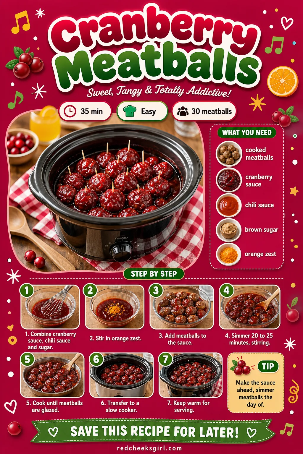 Cranberry Meatballs Recipe Card printable sheet — Printable recipe card for Cranberry Meatballs with photo, timing, ingredients and steps. Christmas eve