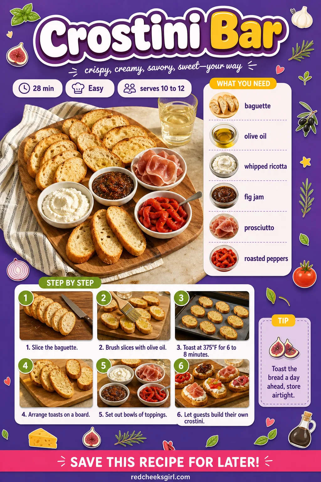 Crostini Bar Recipe Card printable sheet — Printable recipe card for the Crostini Bar with photo, timing, ingredients and steps. Christmas eve appetizers