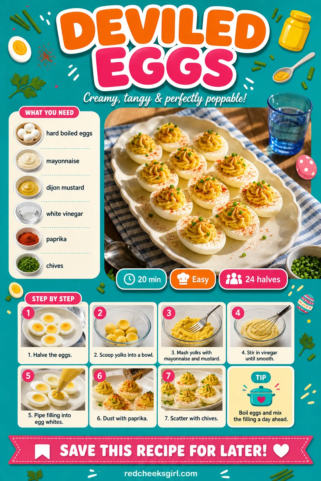 Deviled Eggs Recipe Card printable sheet — Printable recipe card for Deviled Eggs with photo, timing, ingredients and steps. Christmas eve appetizers