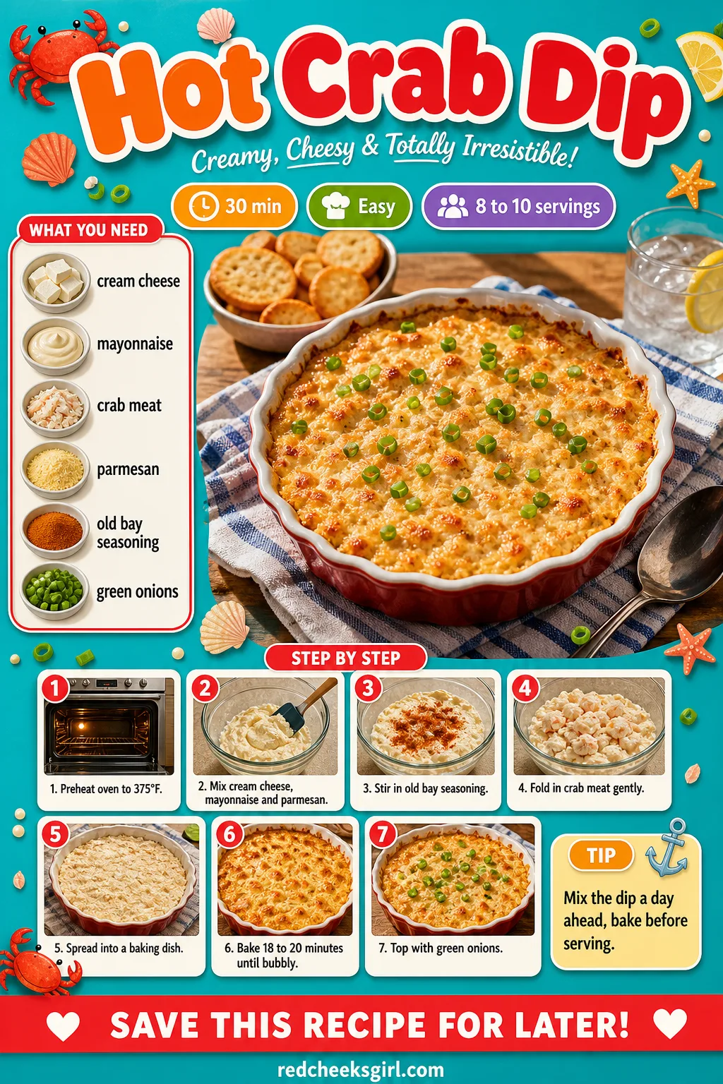 Hot Crab Dip Recipe Card printable sheet — Printable recipe card for Hot Crab Dip with photo, timing, ingredients and steps. Christmas eve appetizers