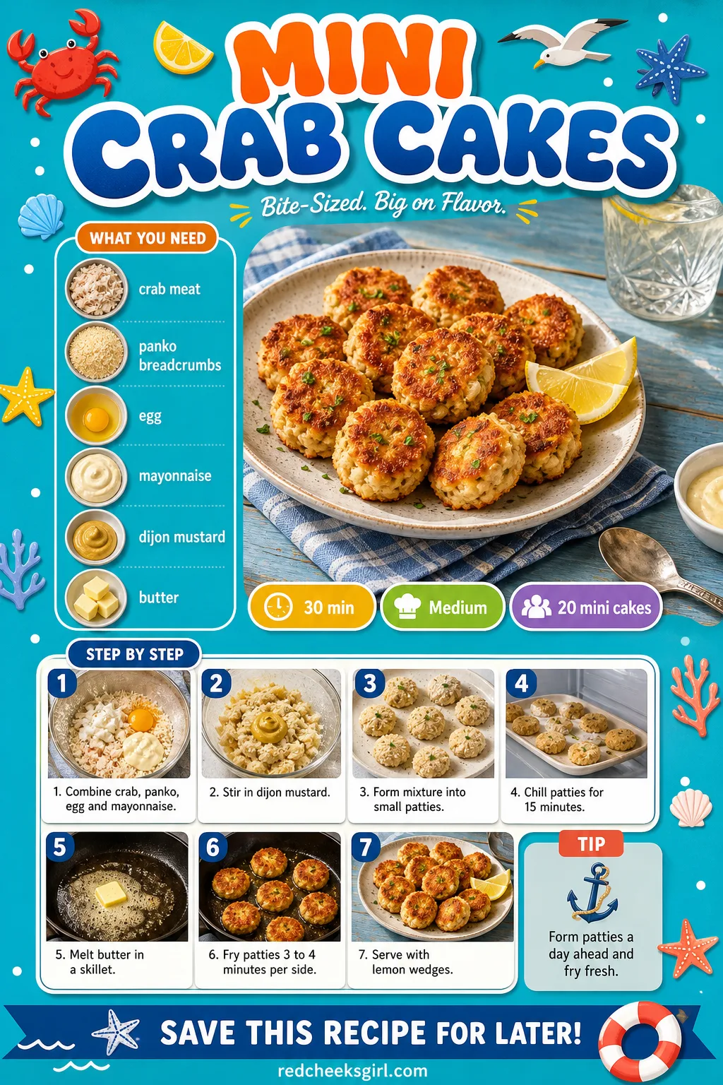 Mini Crab Cakes Recipe Card printable sheet — Printable recipe card for Mini Crab Cakes with photo, timing, ingredients and steps. Christmas eve appetizers