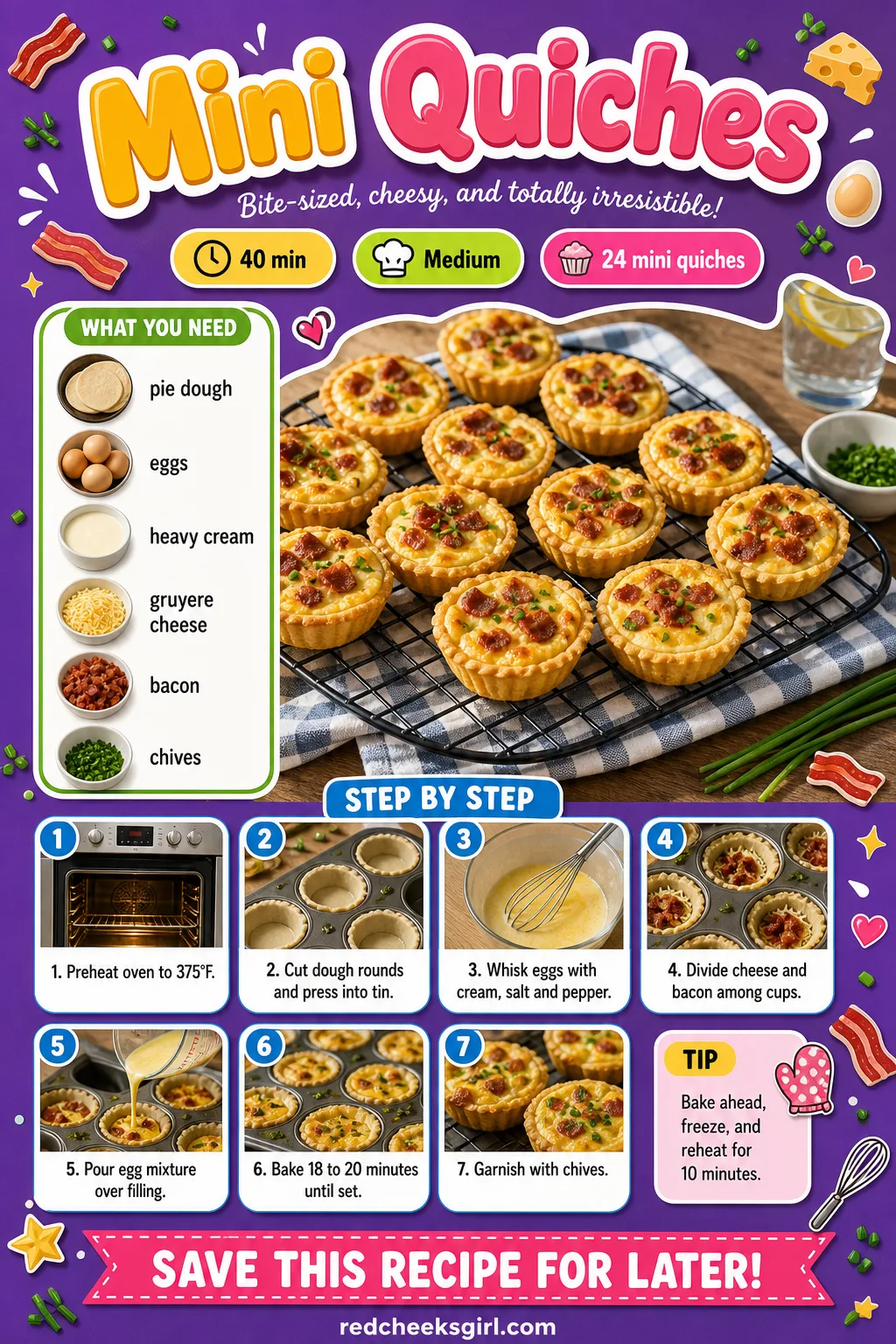 Mini Quiches Recipe Card printable sheet — Printable recipe card for Mini Quiches with photo, timing, ingredients and steps. Christmas eve appetizers