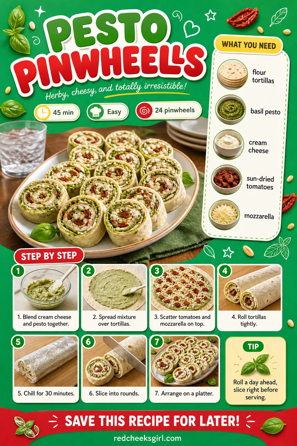 Pesto Pinwheels Recipe Card printable sheet — Printable recipe card for Pesto Pinwheels with photo, timing, ingredients and steps. Christmas eve appetizers