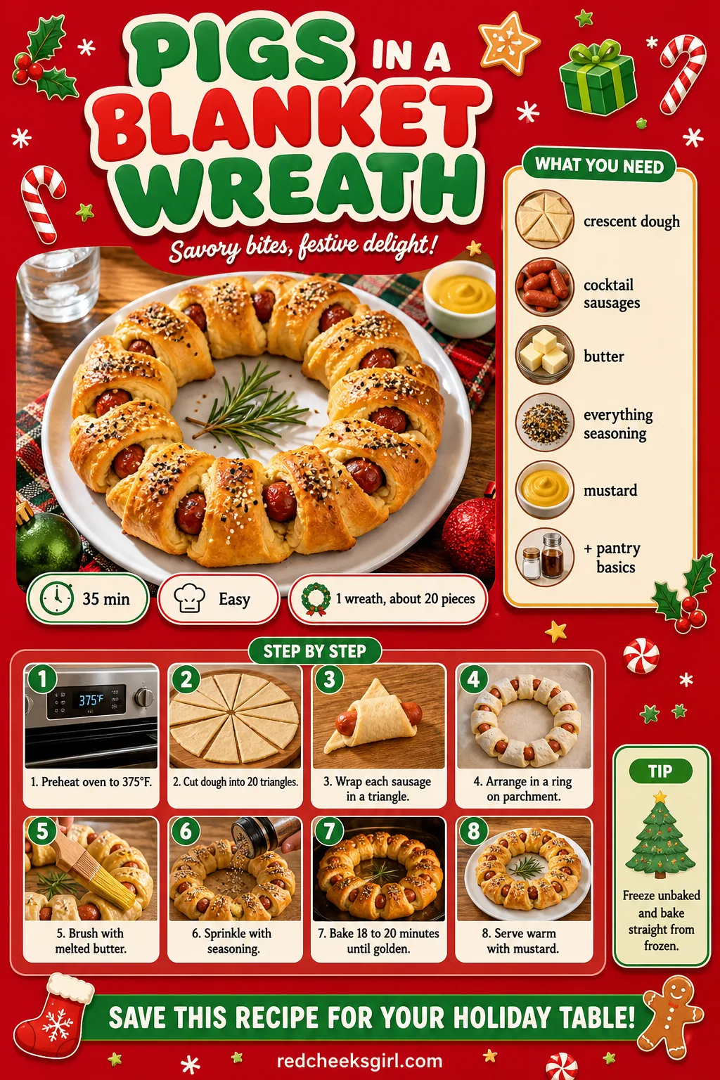 Pigs in a Blanket Wreath Recipe Card printable sheet — Printable recipe card for the Pigs in a Blanket Wreath with photo, timing, ingredients and steps.