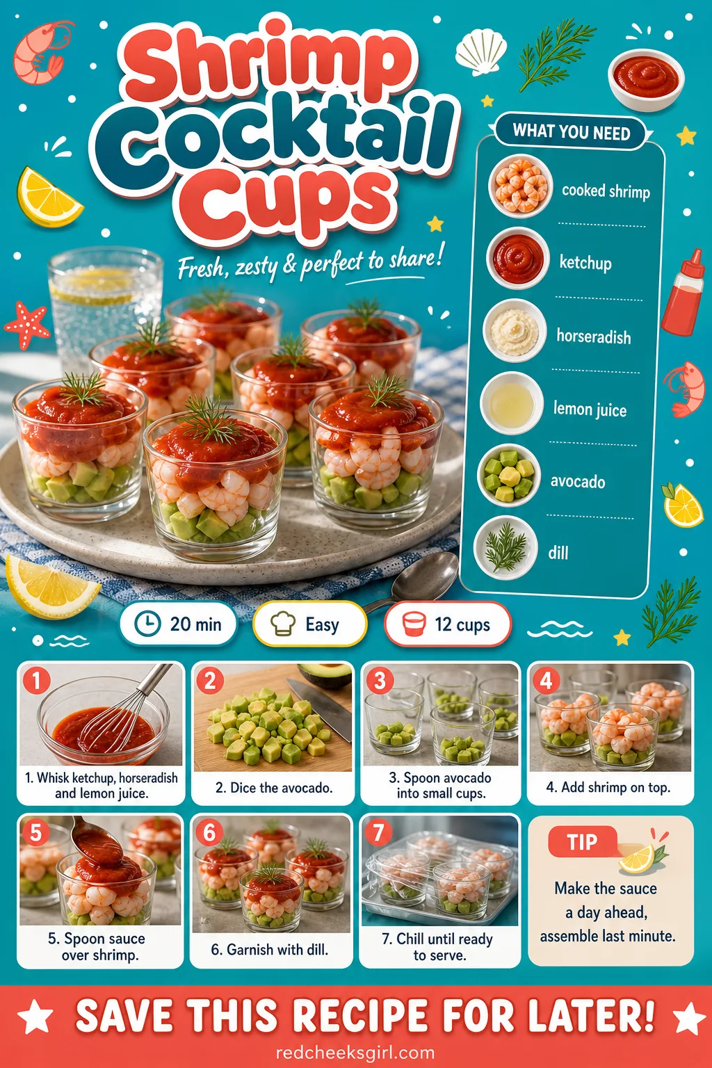 Shrimp Cocktail Cups Recipe Card printable sheet — Printable recipe card for Shrimp Cocktail Cups with photo, timing, ingredients and steps. Christmas eve