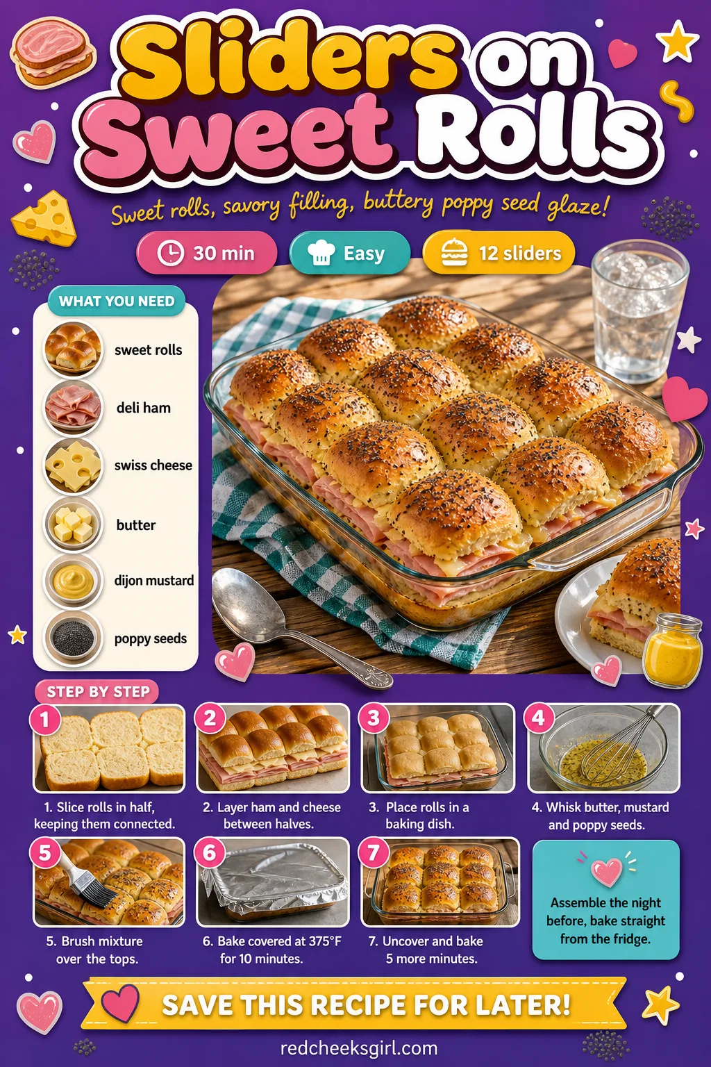 Sliders on Sweet Rolls Recipe Card printable sheet — Printable recipe card for Sliders on Sweet Rolls with photo, timing, ingredients and steps. Christmas eve