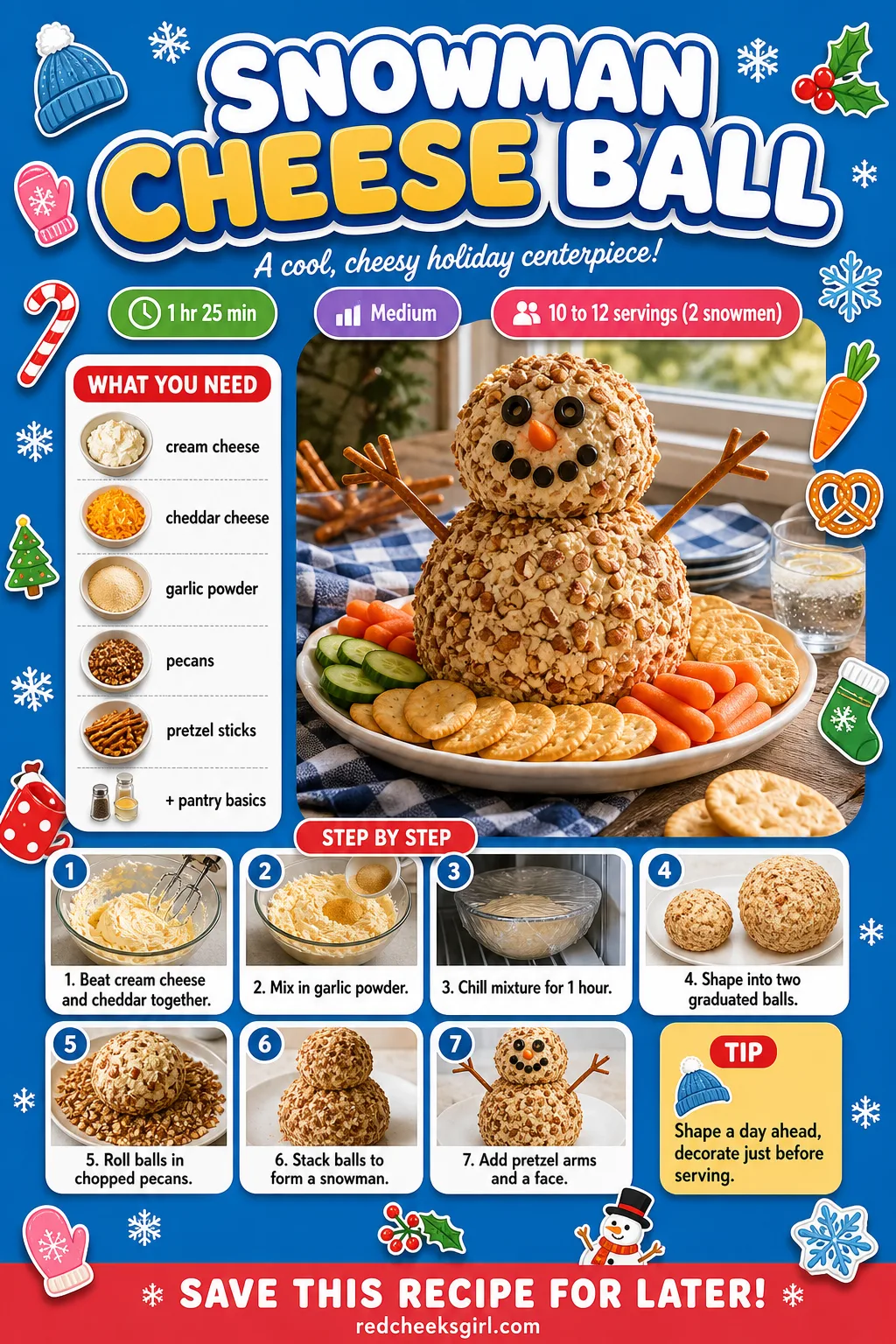 Snowman Cheese Ball Recipe Card printable sheet — Printable recipe card for Snowman Cheese Ball with photo, timing, ingredients and steps. Christmas eve