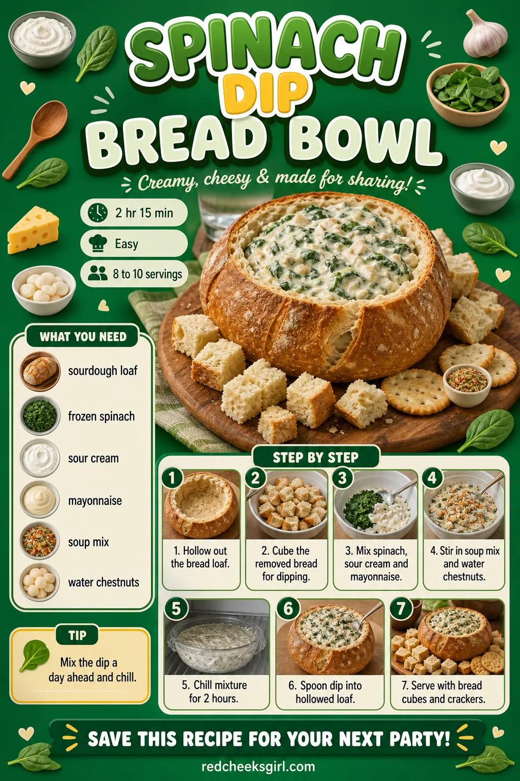 Spinach Dip Bread Bowl Recipe Card printable sheet — Printable recipe card for Spinach Dip Bread Bowl with photo, timing, ingredients and steps. Christmas eve