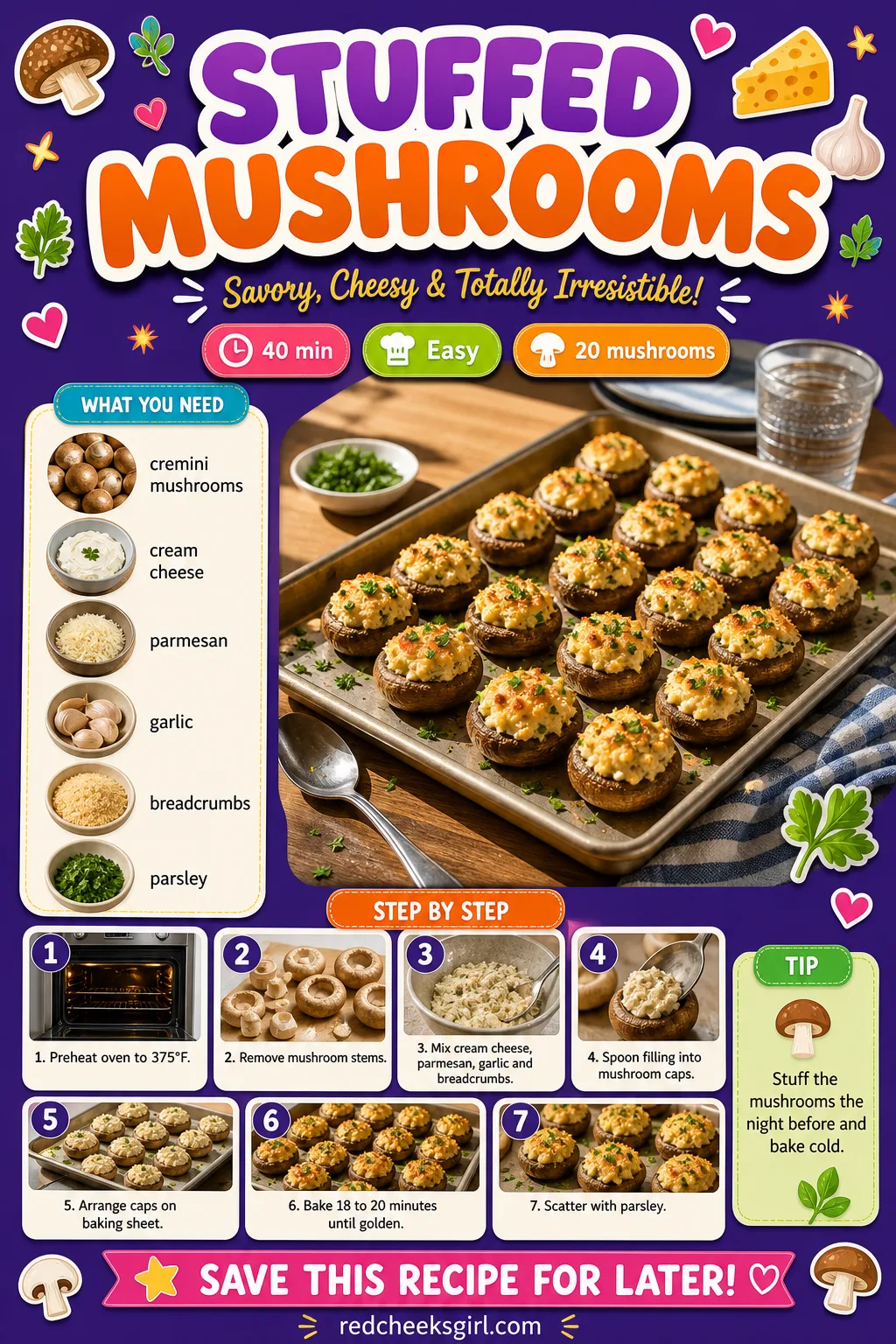 Stuffed Mushrooms Recipe Card printable sheet — Printable recipe card for Stuffed Mushrooms with photo, timing, ingredients and steps. Christmas eve appetizers