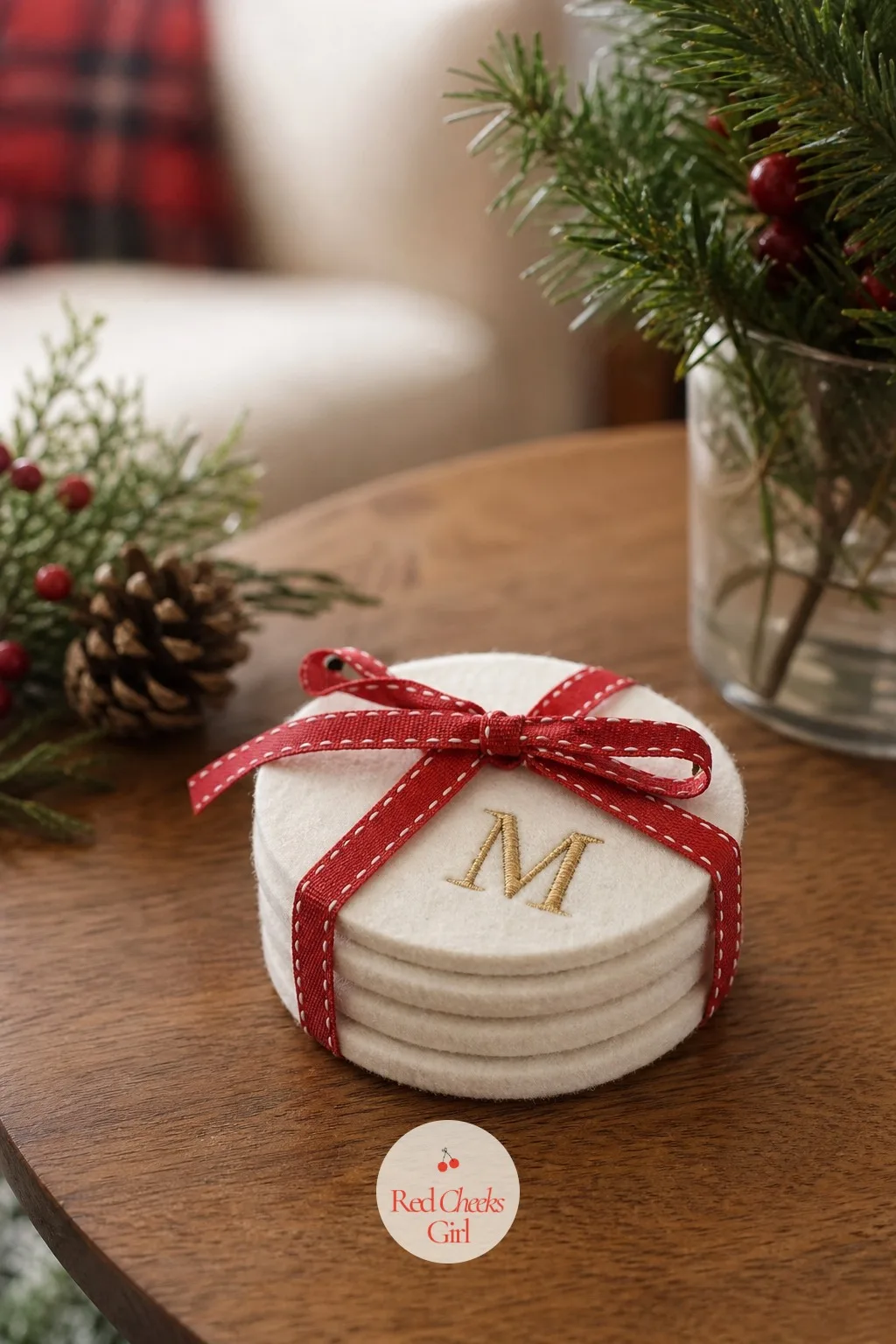 Felt Coaster Set with Monogram — A single hostess gift this small can still feel finished rather than last-minute. Christmas felt crafts