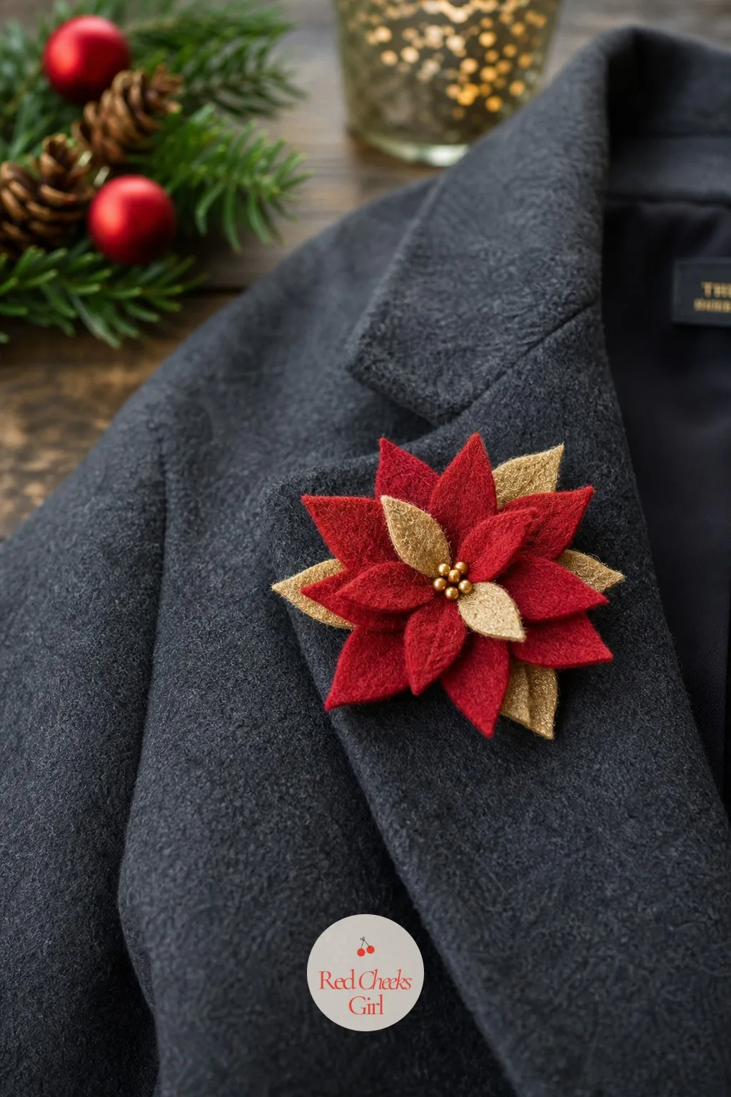Felt Poinsettia Brooch — A brooch does more for a plain coat than any amount of jewellery, and this one costs less than a coffee. Christmas felt crafts