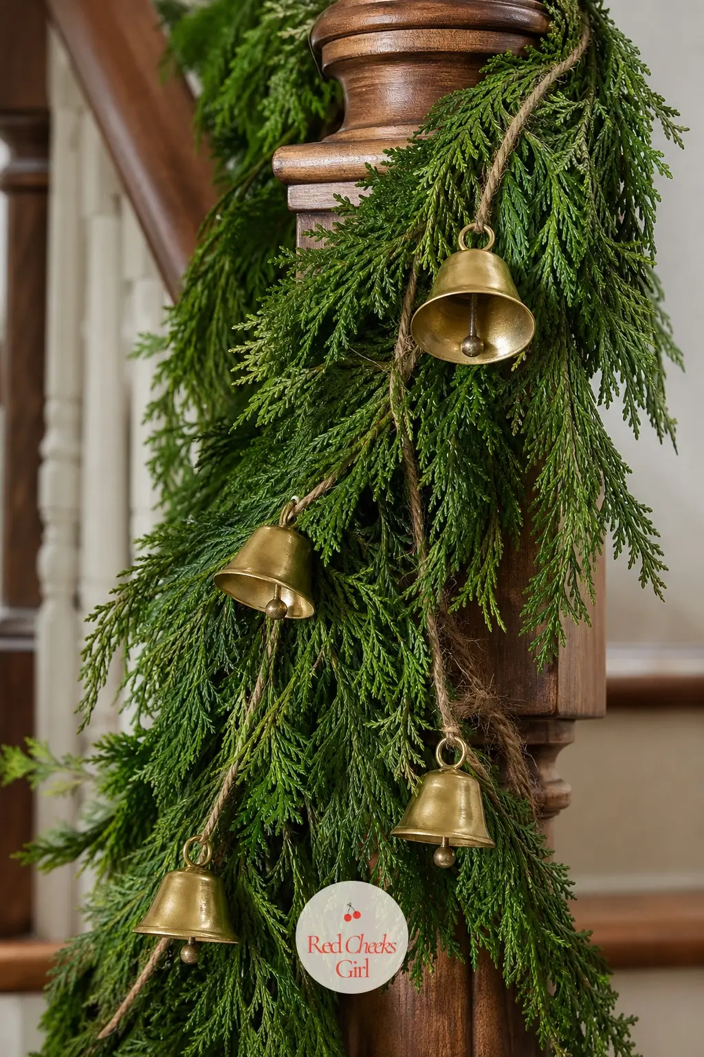Brass Bells Tied Along A Cedar Garland — Small brass bells tied at intervals along a plain cedar garland around a stair newel post add sound as well as sight