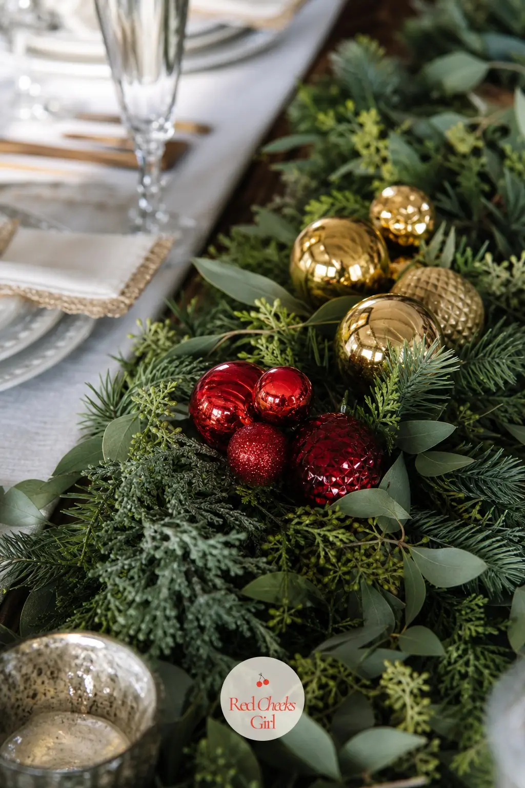 Clusters Of Glass Ornaments Tucked Into Greenery — Small clusters of ruby and gold glass ornaments nestled into a greenery table runner uses up leftover