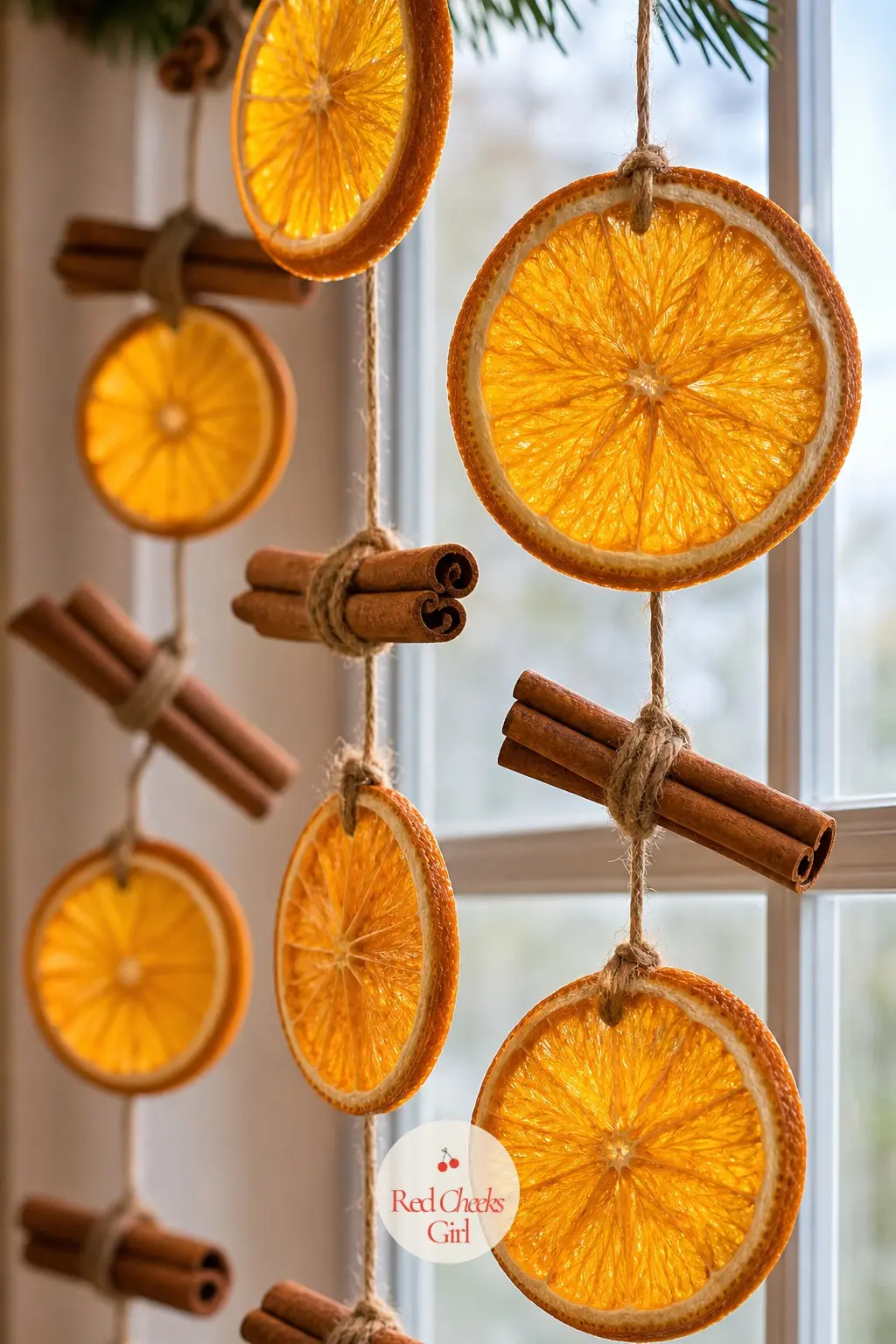 Dried Orange Slices And Cinnamon Sticks — Dried orange rounds strung along a fine cord with bundles of cinnamon sticks tied in between brings warmth to a