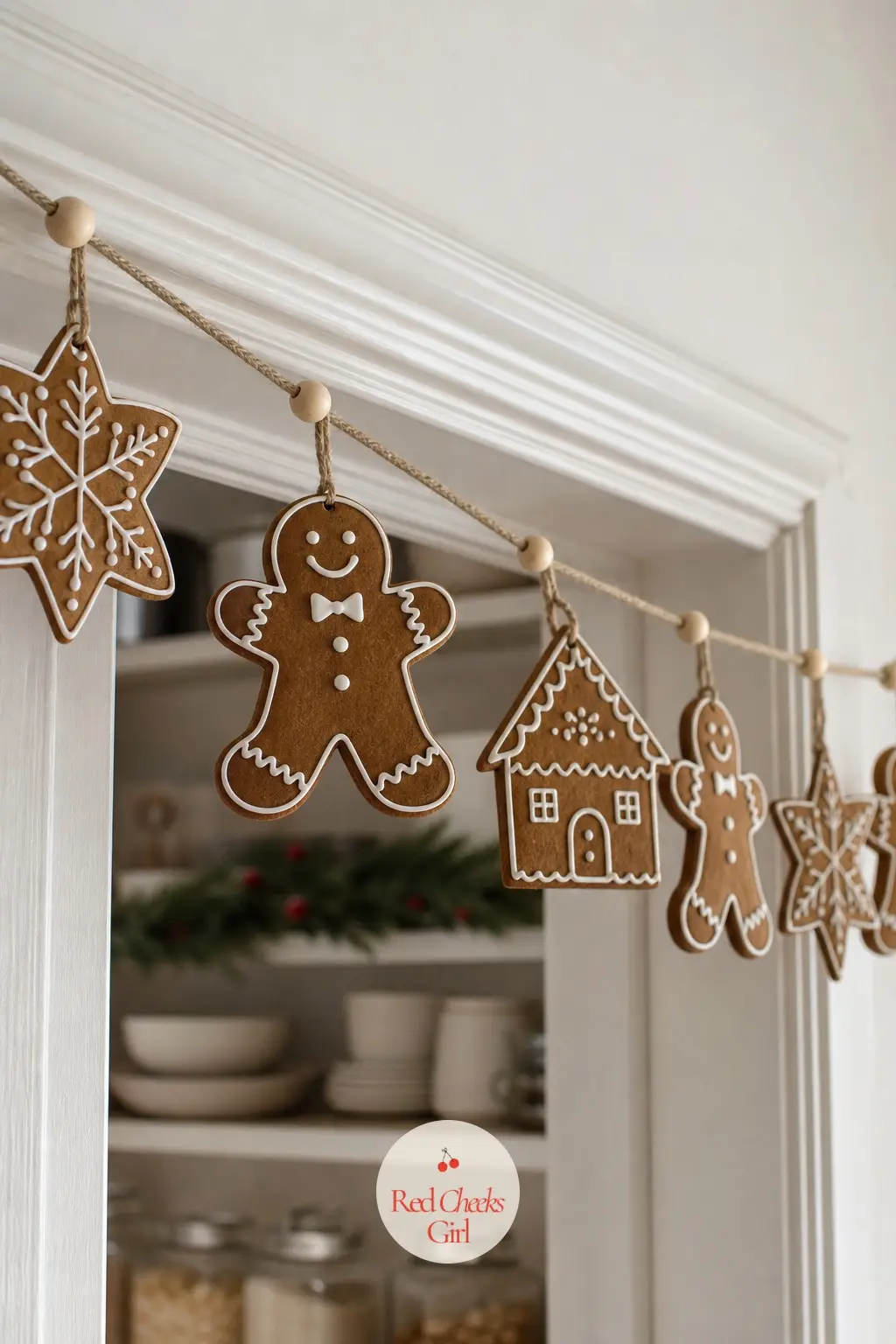 Gingerbread Cookie Ornament Garland — A garland of gingerbread cookie ornaments, each trimmed in white icing detail, strung across a pantry doorway is the