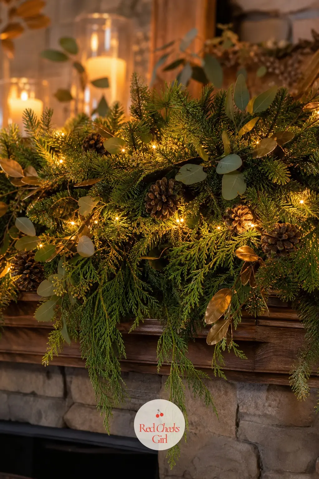 Layered Greenery And Warm String Lights — Thick layered greenery along the mantel, woven through with warm amber string lights, is the single most requested