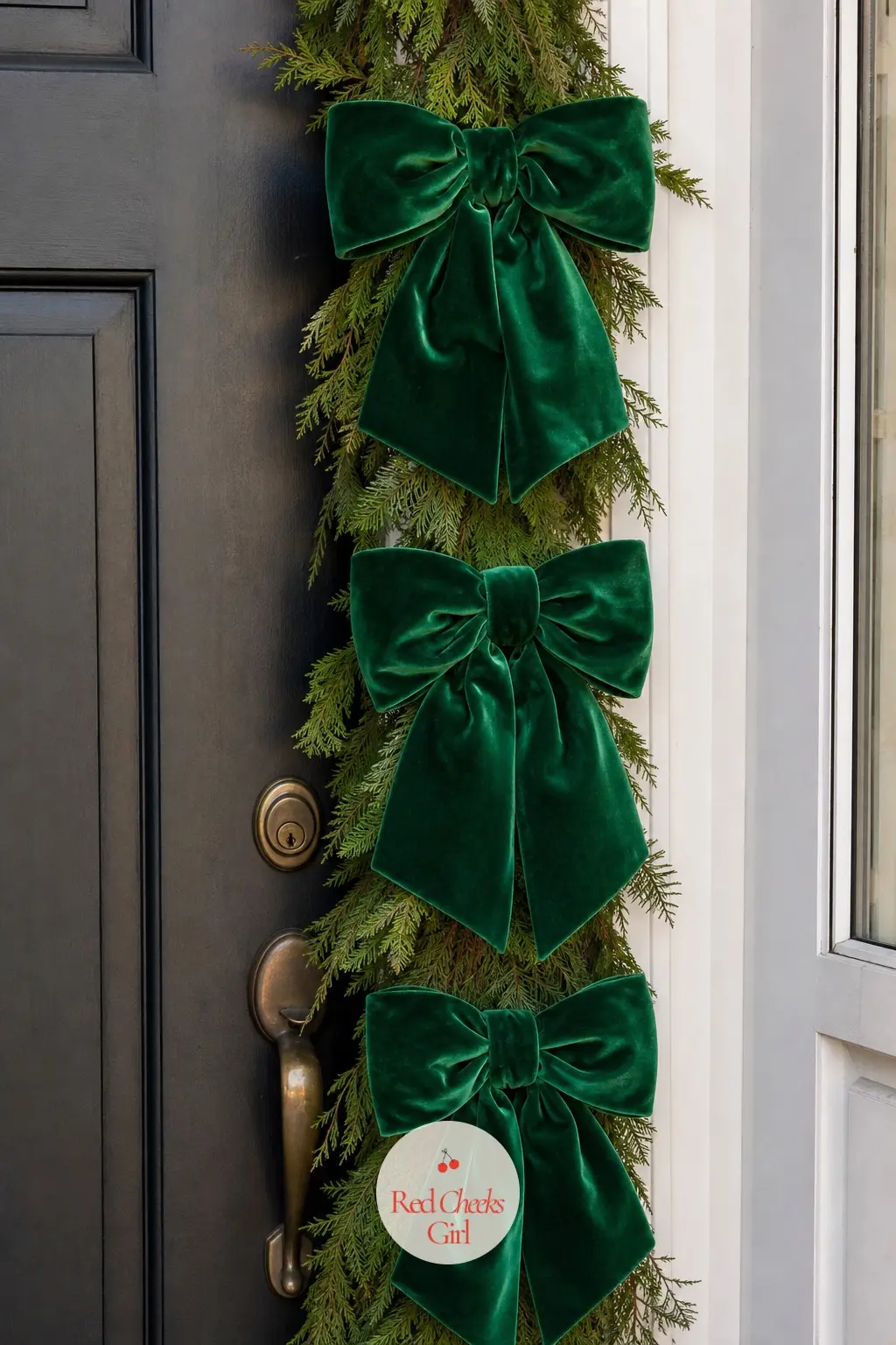 Oversized Velvet Bows Spaced Along Greenery — Three oversized emerald velvet bows spaced evenly along a plain greenery garland on a front porch door frame