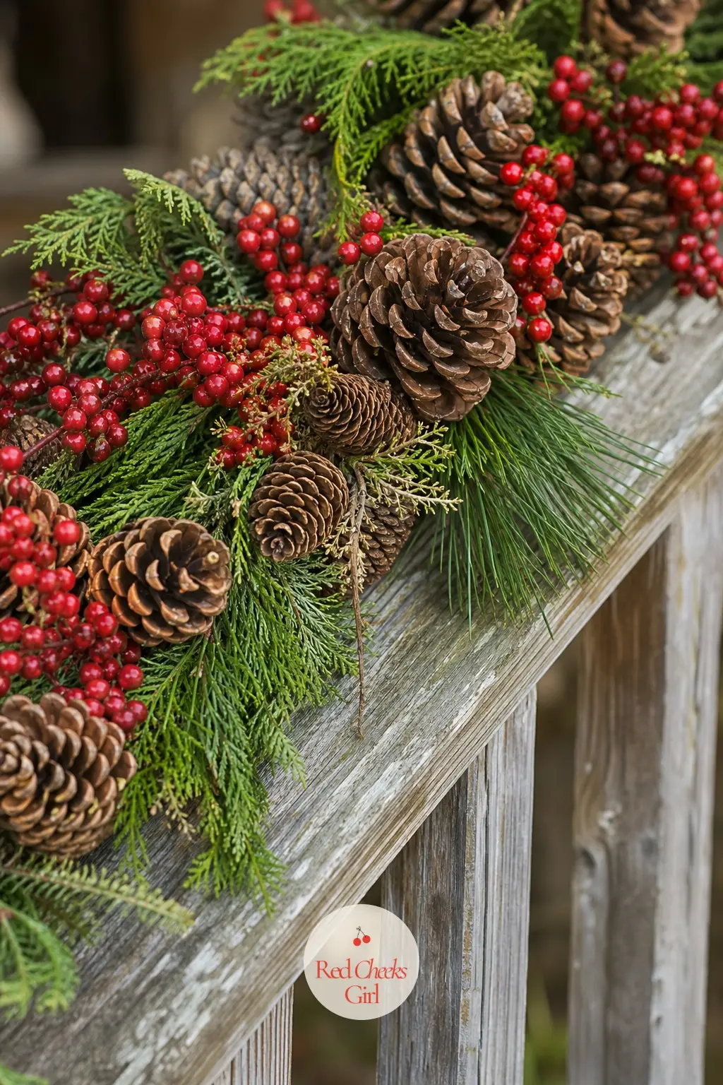 Pinecones And Red Berries — A mix of natural pinecones and clusters of red berries along a porch railing gives a woodsy, outdoorsy feel that suits a cabin or a