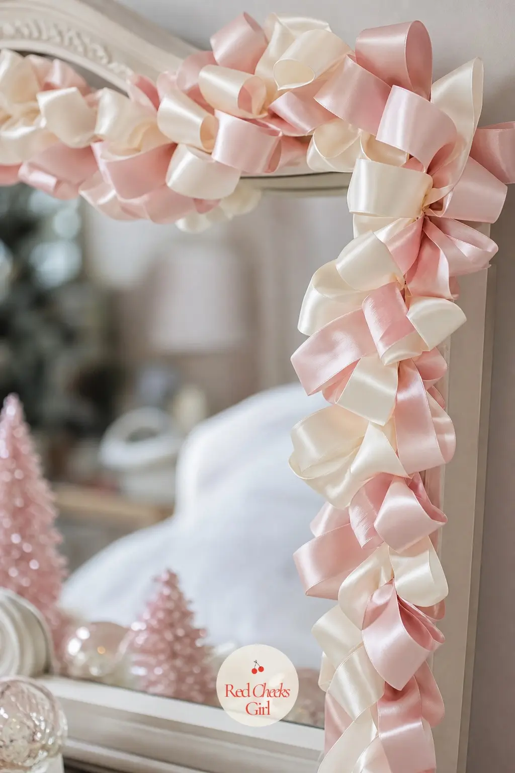 Ribbon-Only Garland Of Looped Satin — A garland made entirely of looped blush pink and ivory satin ribbon, no greenery at all, framing a bedroom vanity mirror