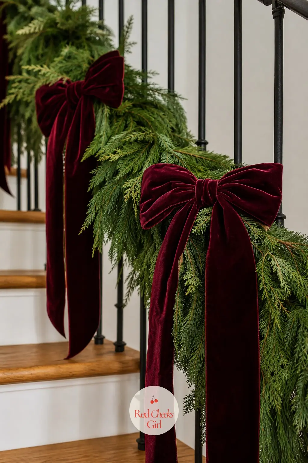 Cedar Swags with Burgundy Velvet Bows — Swap the usual bright red for a deeper burgundy and the whole staircase reads richer, less candy-cane, more