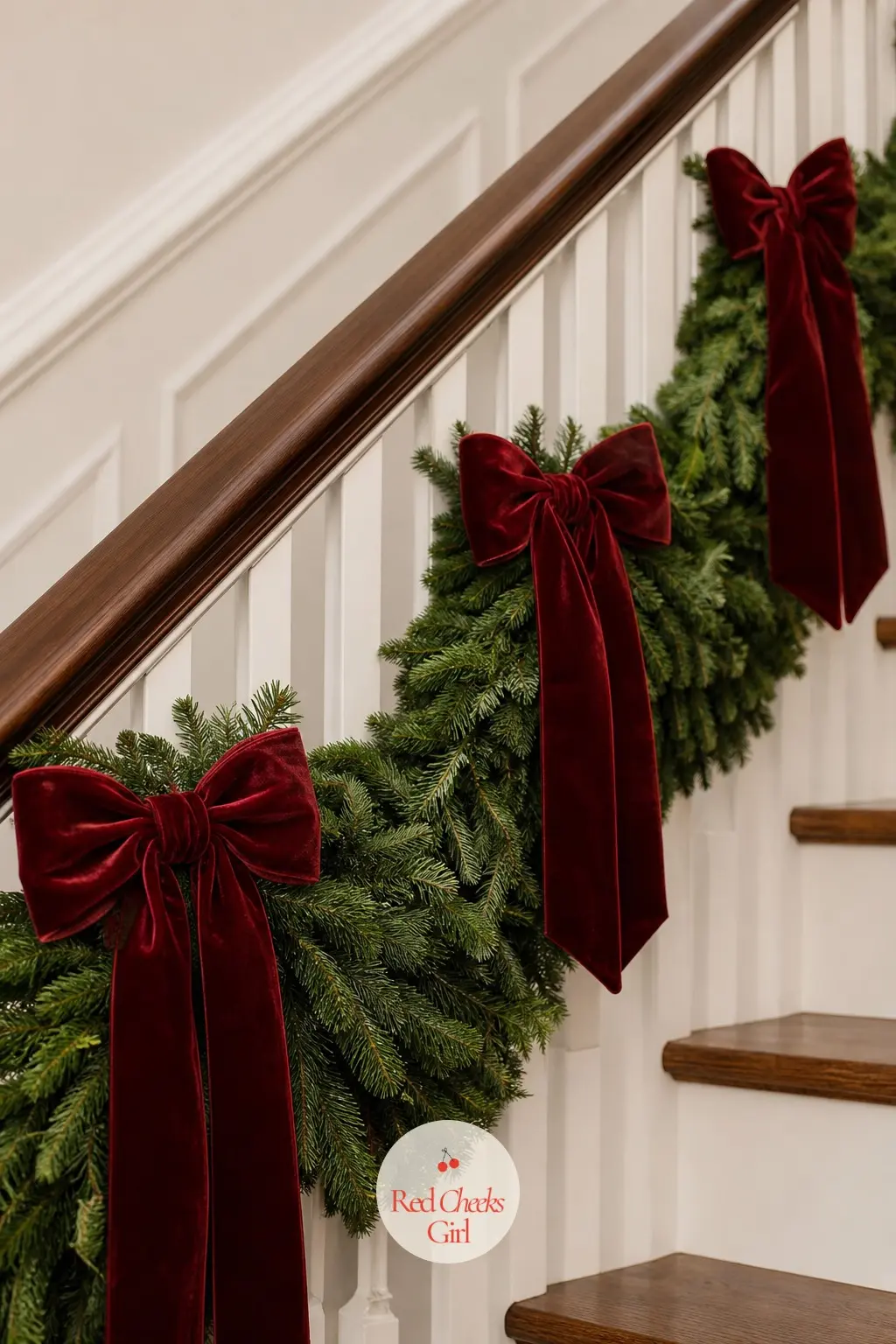 Classic Swags Caught with Velvet Bows — This is the look most people picture when they hear the word garland: soft, even swoops between each post, pinched at